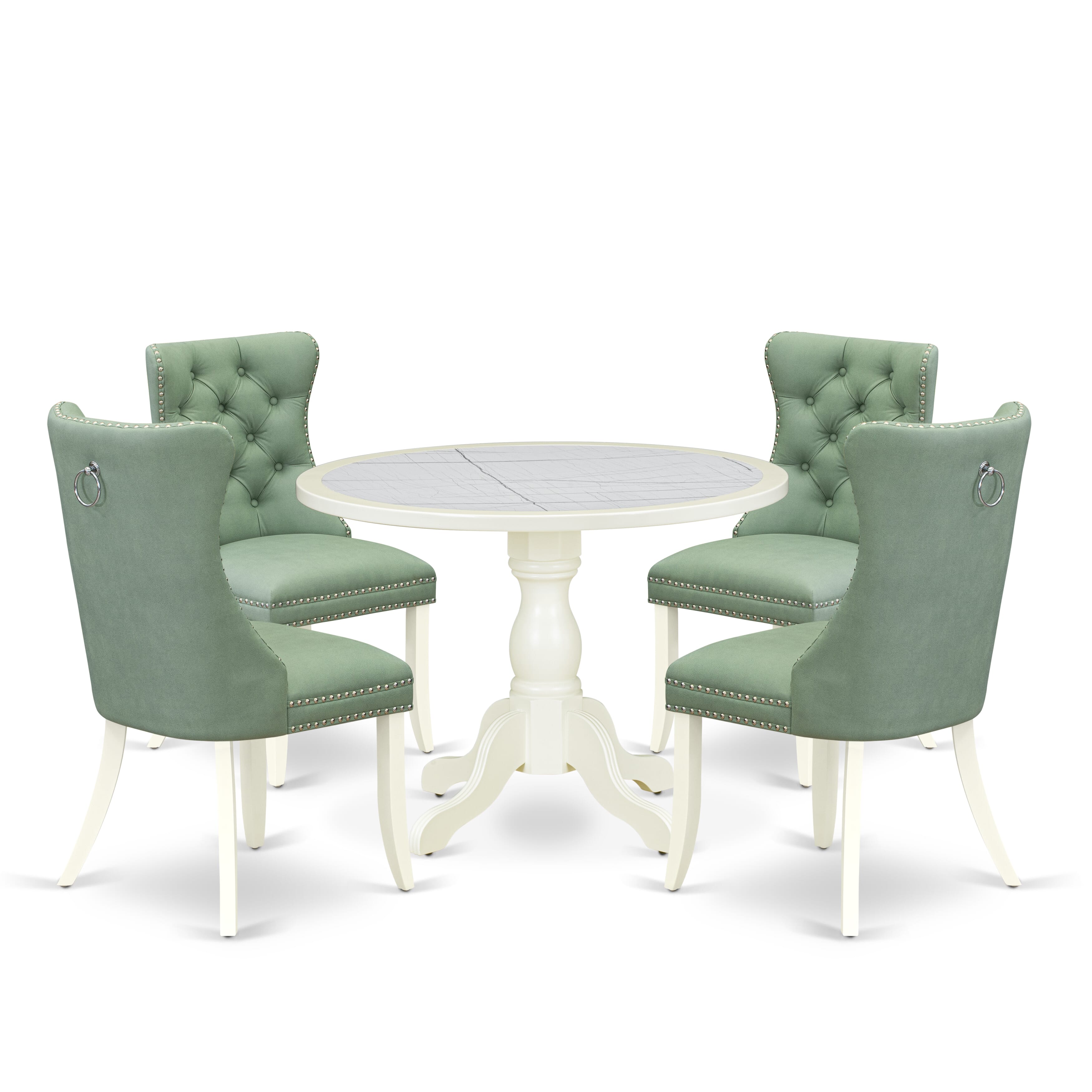 Luxe by East West Furniture 42DA5-208-22 -5 pc Mid-century Modern Dining Table Set Includes a Round Table and 4 Willow Green Faux Leather Dining Room Chairs with Button Tufted Back - Linen White