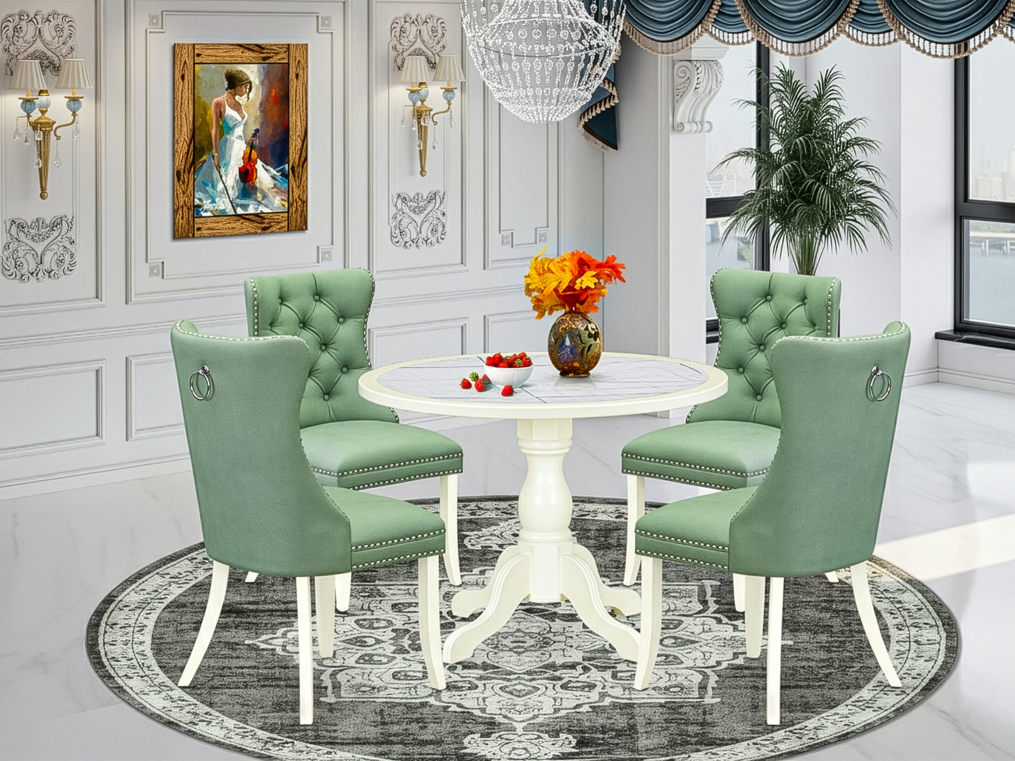 Luxe by East West Furniture 42DA5-208-22 -5 pc Mid-century Modern Dining Table Set Includes a Round Table and 4 Willow Green Faux Leather Dining Room Chairs with Button Tufted Back - Linen White