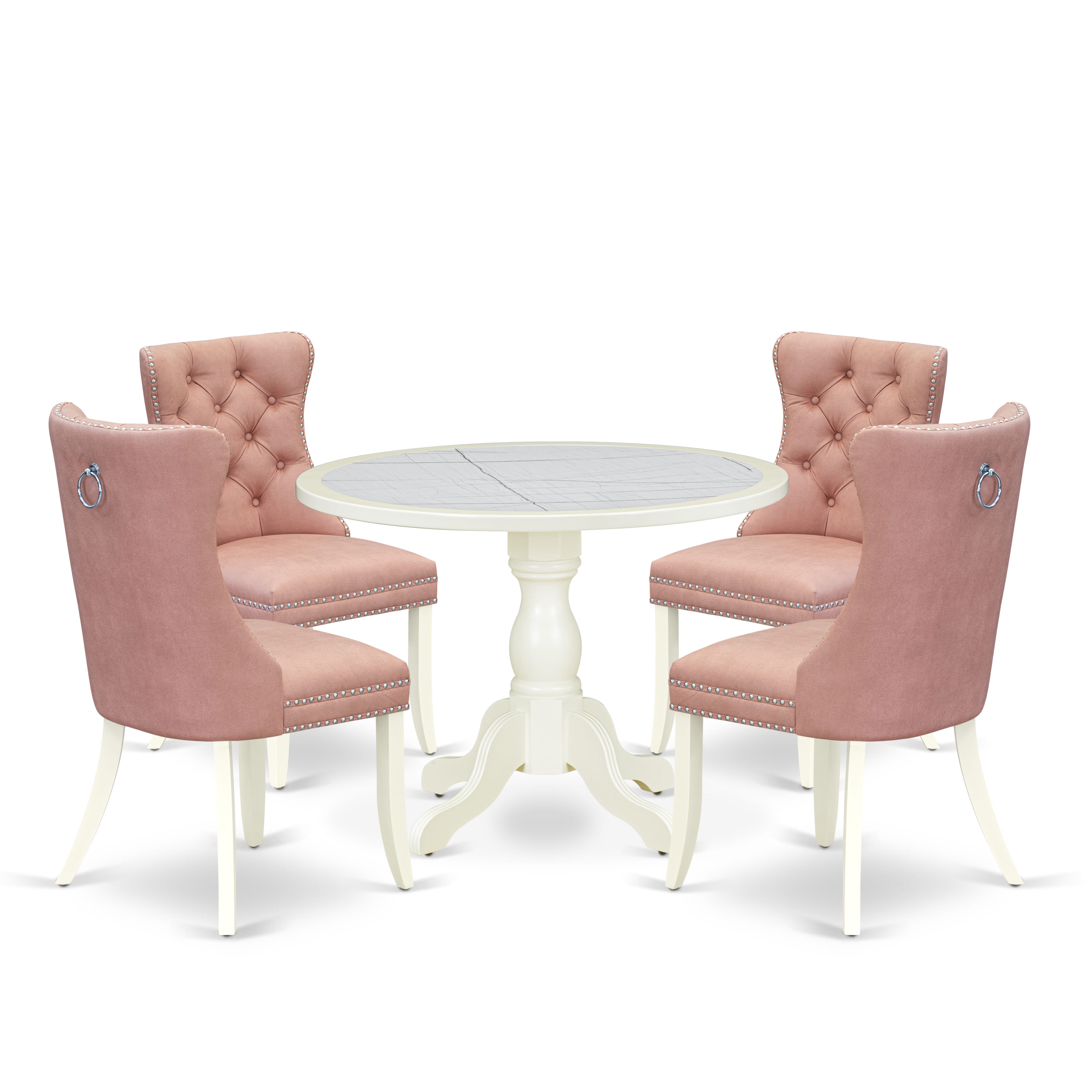 Luxe by East West Furniture 42DA5-208-23 -5 pc Dinette Set contains a Round Table and 4 Beige Red Faux Leather Dining Chair with Button Tufted Back - Linen White