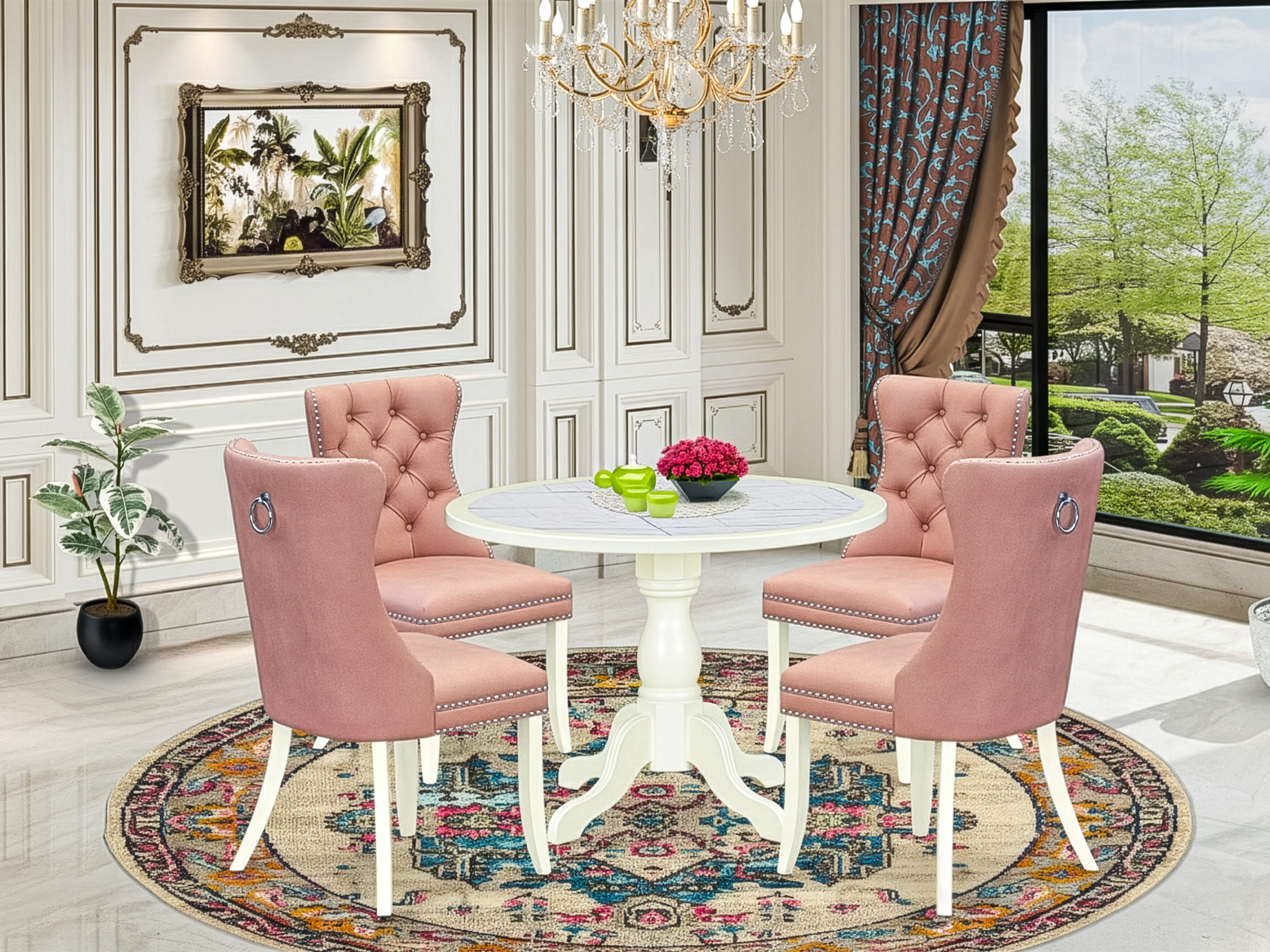 Luxe by East West Furniture 42DA5-208-23 -5 pc Dinette Set contains a Round Table and 4 Beige Red Faux Leather Dining Chair with Button Tufted Back - Linen White