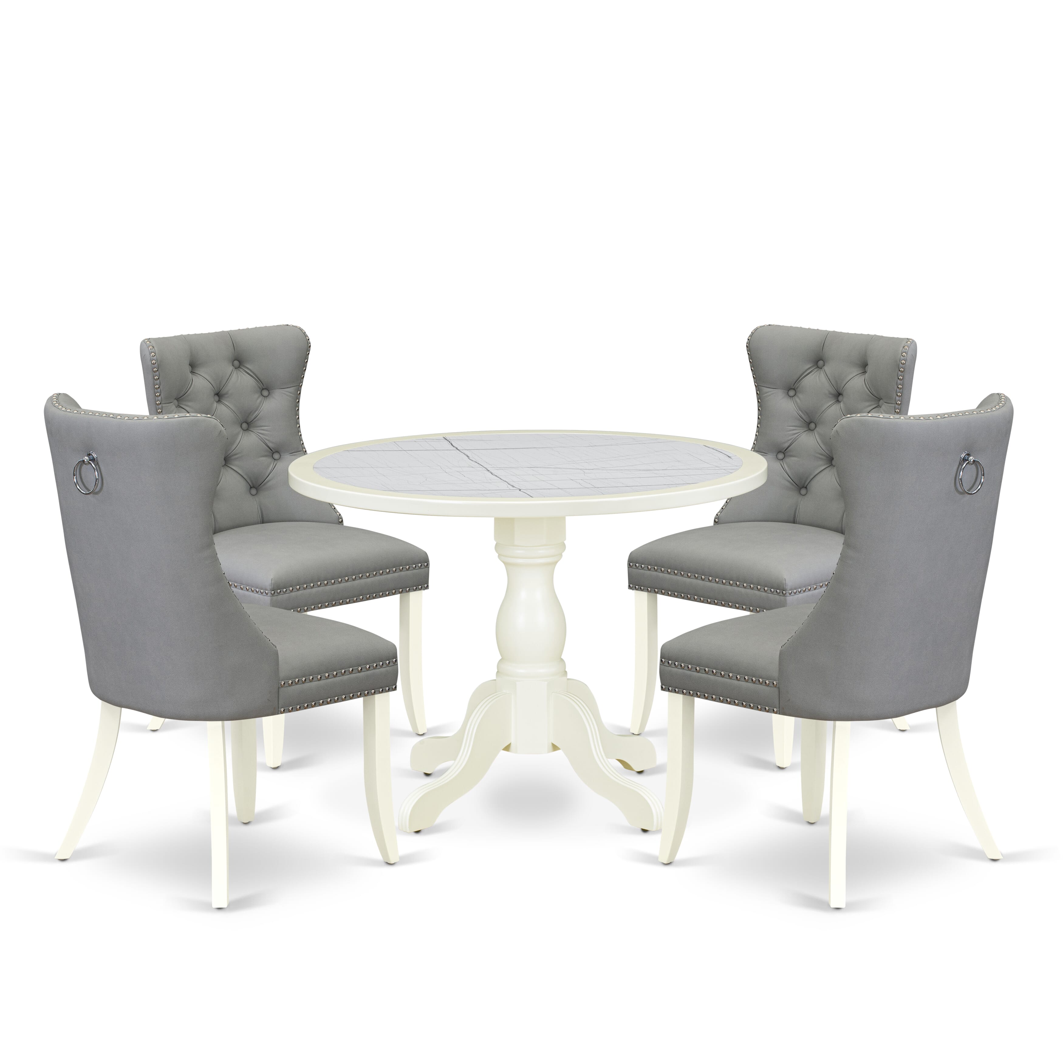 Luxe by East West Furniture 42DA5-208-27 -5 pc Dining Table Set consists of a Round Table and 4 Light Gray Faux Leather Mid Century Modern Dining Chairs with Button Tufted Back - Linen White