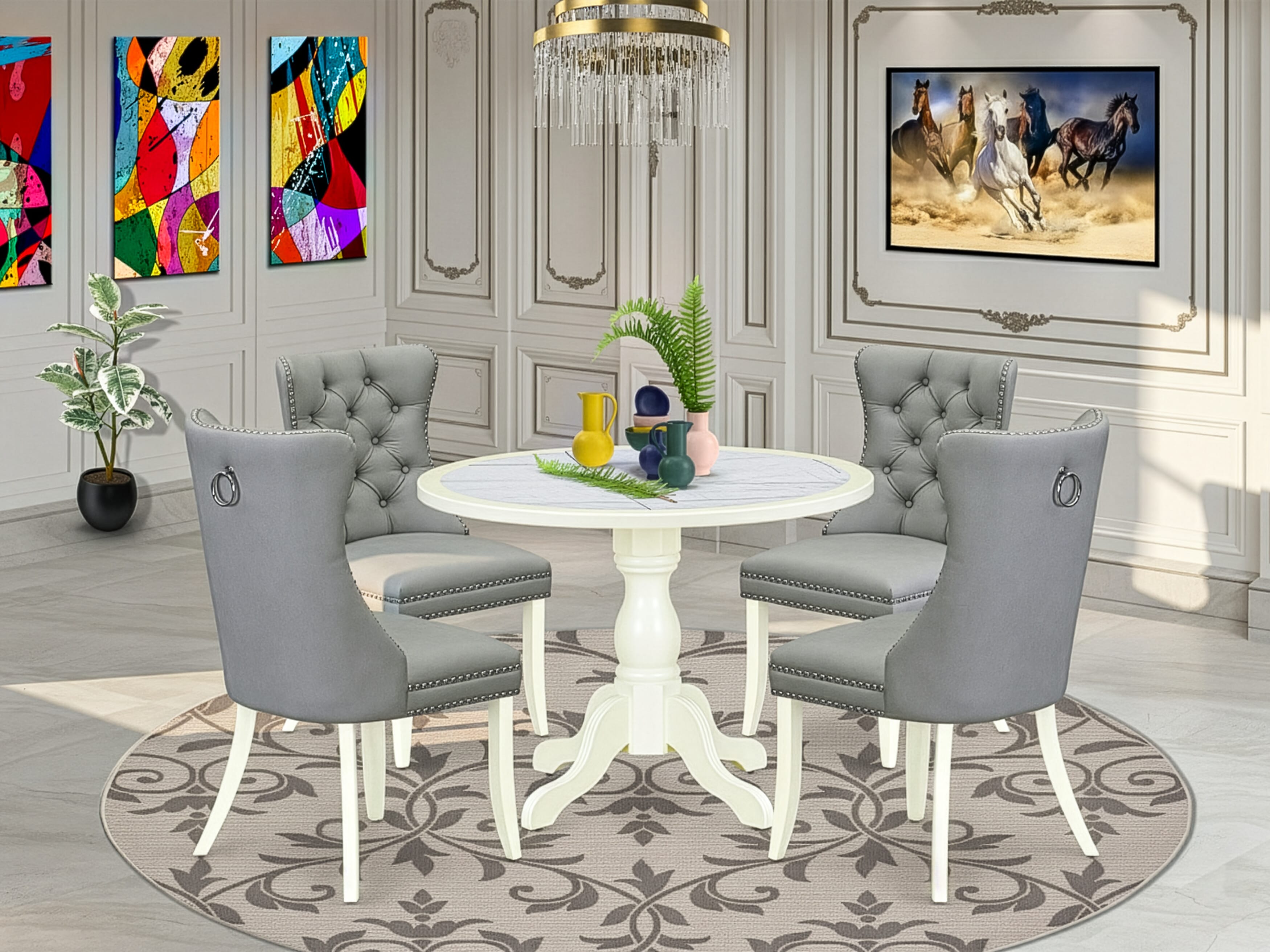 Luxe by East West Furniture 42DA5-208-27 -5 pc Dining Table Set consists of a Round Table and 4 Light Gray Faux Leather Mid Century Modern Dining Chairs with Button Tufted Back - Linen White