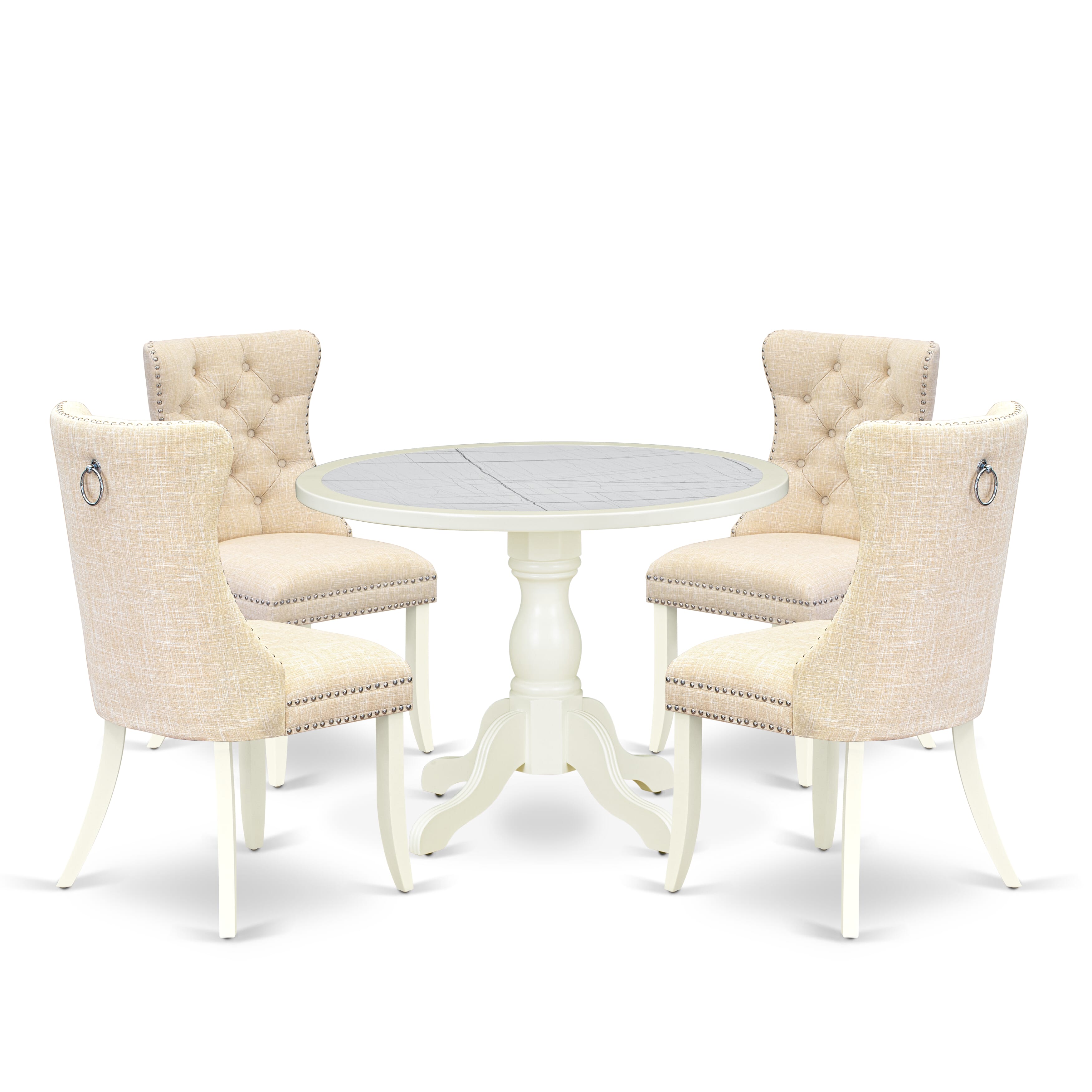 Luxe by East West Furniture 42DA5-208-32 -5 pc Dining Set Includes a Round Table and 4 Light Beige Faux Leather Modern Dining Chair with Button Tufted Back - Linen White