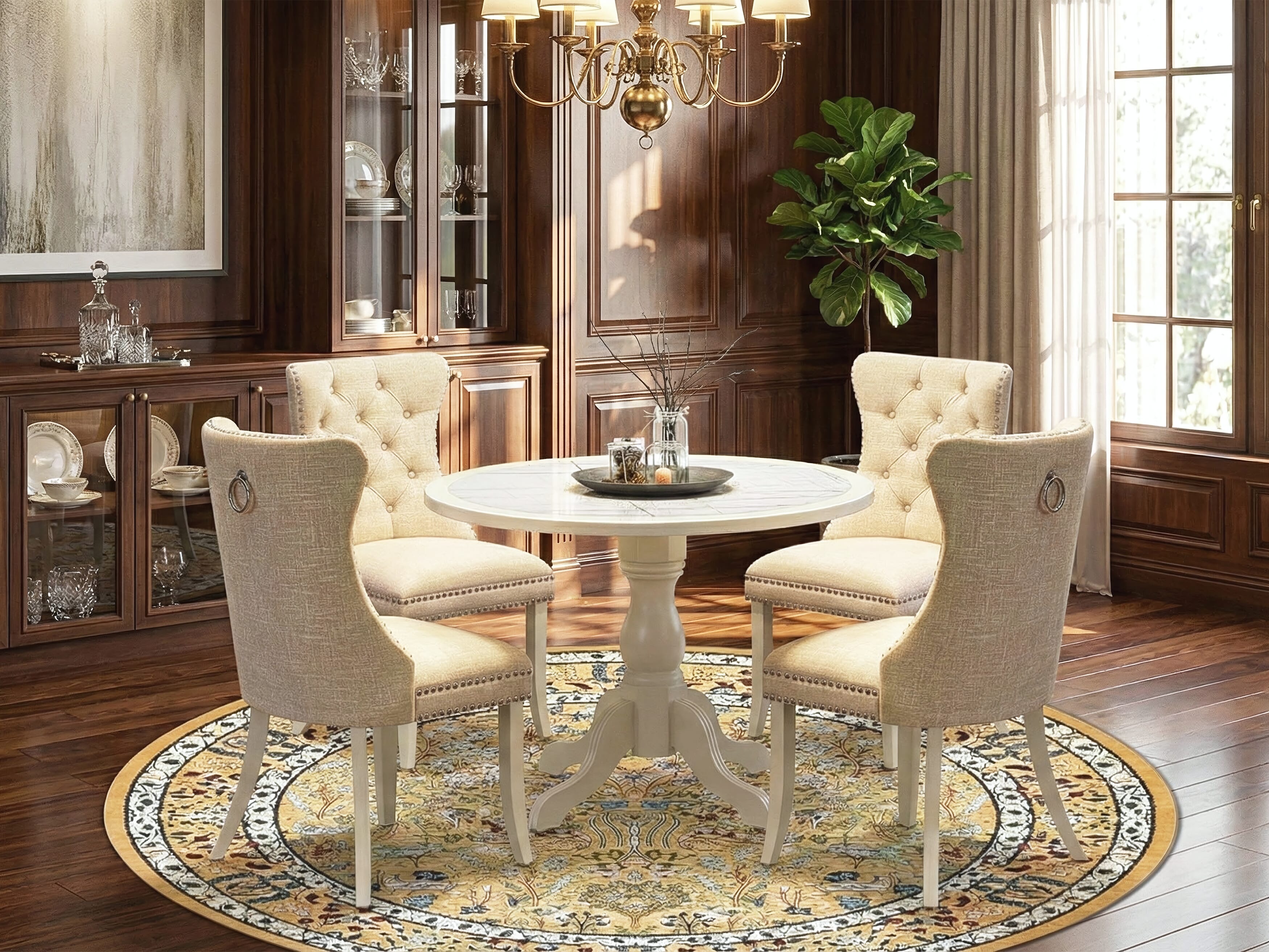 Luxe by East West Furniture 42DA5-208-32 -5 pc Dining Set Includes a Round Table and 4 Light Beige Faux Leather Modern Dining Chair with Button Tufted Back - Linen White