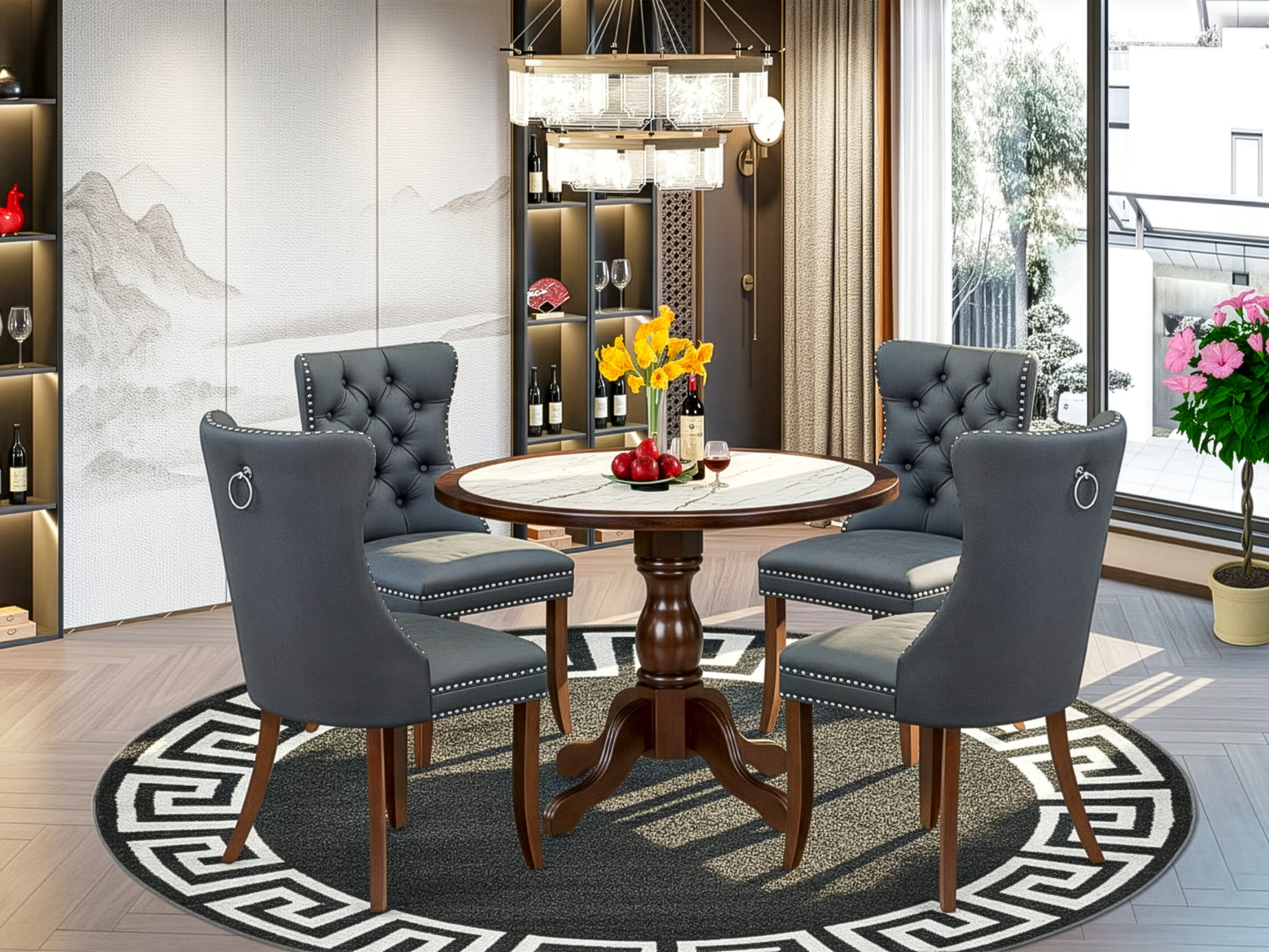 Luxe by East West Furniture 42DA5-307-13 5-piece dining room set includes a round pedestal kitchen table and 4 Button Tufted kitchen chairs with Platinum Gray linen fabric, Mahogany finish.