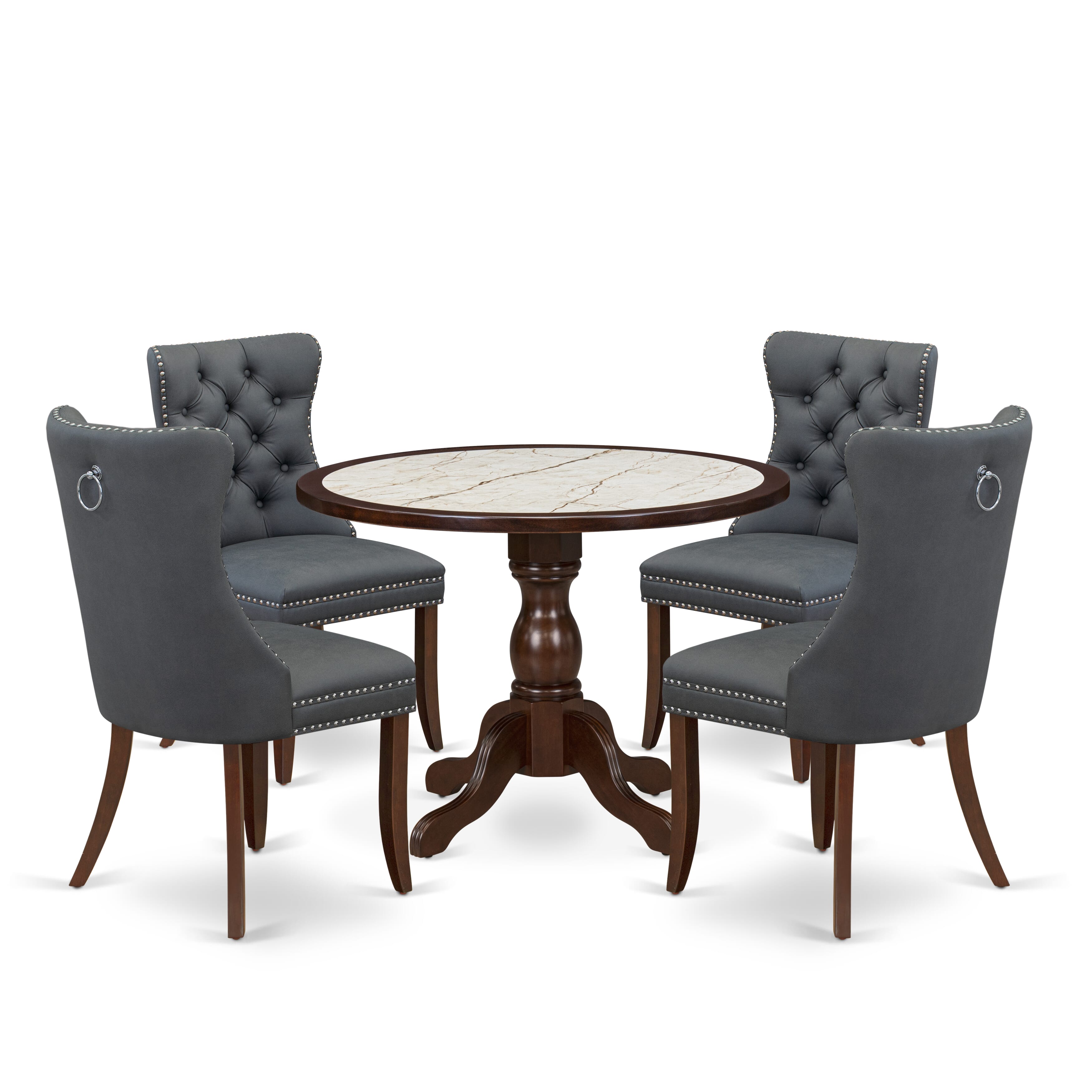 Luxe by East West Furniture 42DA5-307-13 5-piece dining room set includes a round pedestal kitchen table and 4 Button Tufted kitchen chairs with Platinum Gray linen fabric, Mahogany finish.