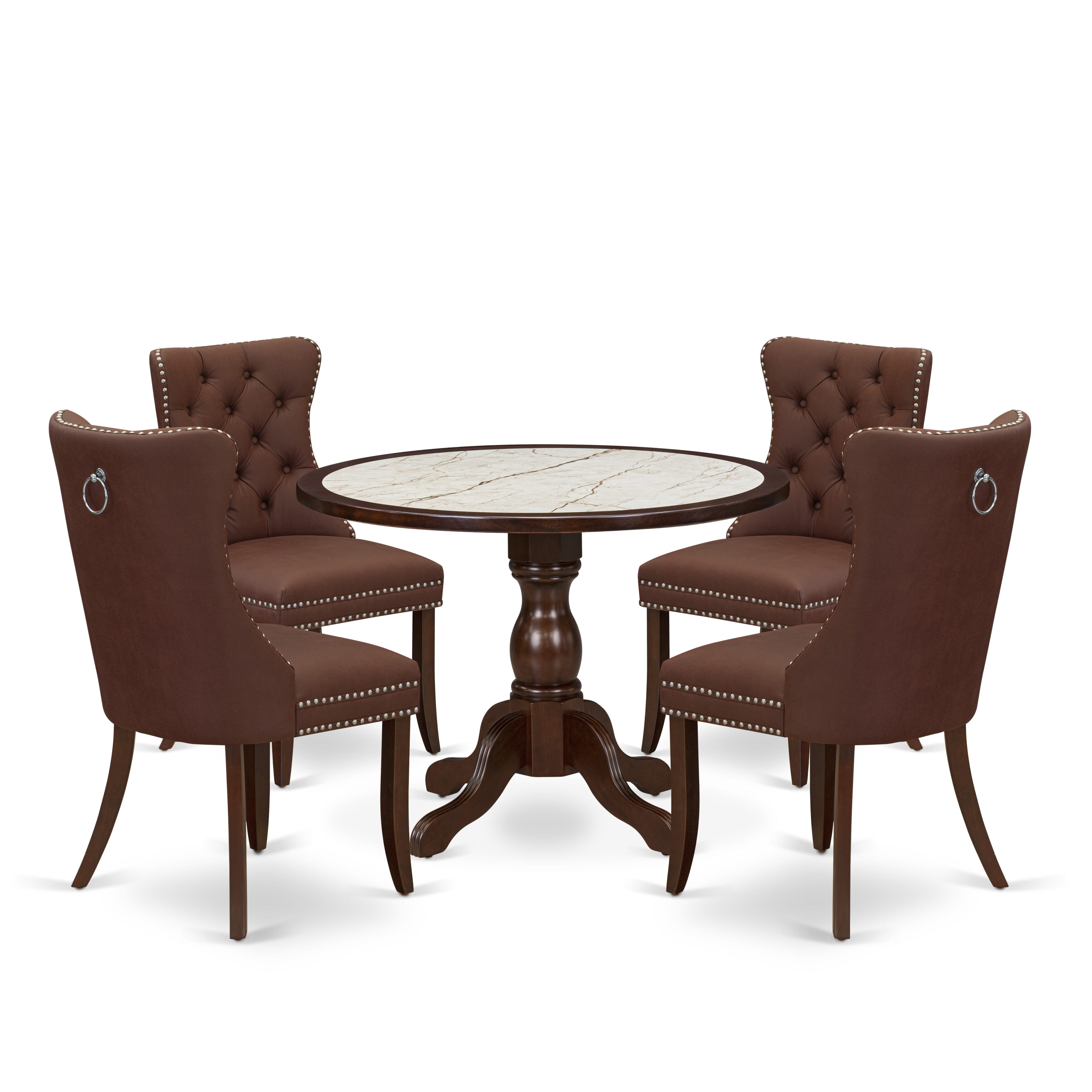 Luxe by East West Furniture 42DA5-307-26 5-piece dining room set includes a pedestal dinner table and 4 Button Tufted Parsons chairs with Burgundy Faux Leather, Mahogany finish.