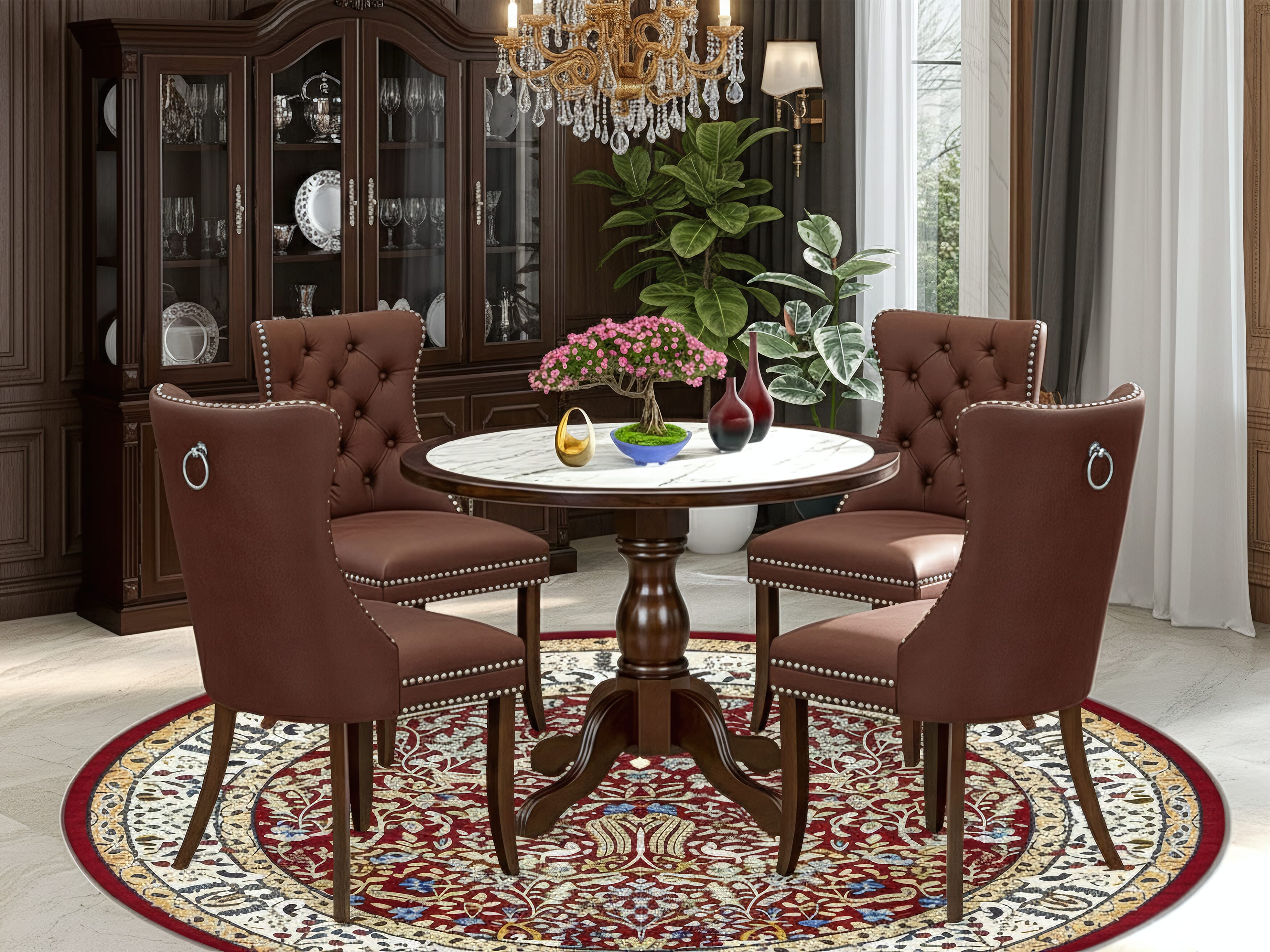 Luxe by East West Furniture 42DA5-307-26 5-piece dining room set includes a pedestal dinner table and 4 Button Tufted Parsons chairs with Burgundy Faux Leather, Mahogany finish.