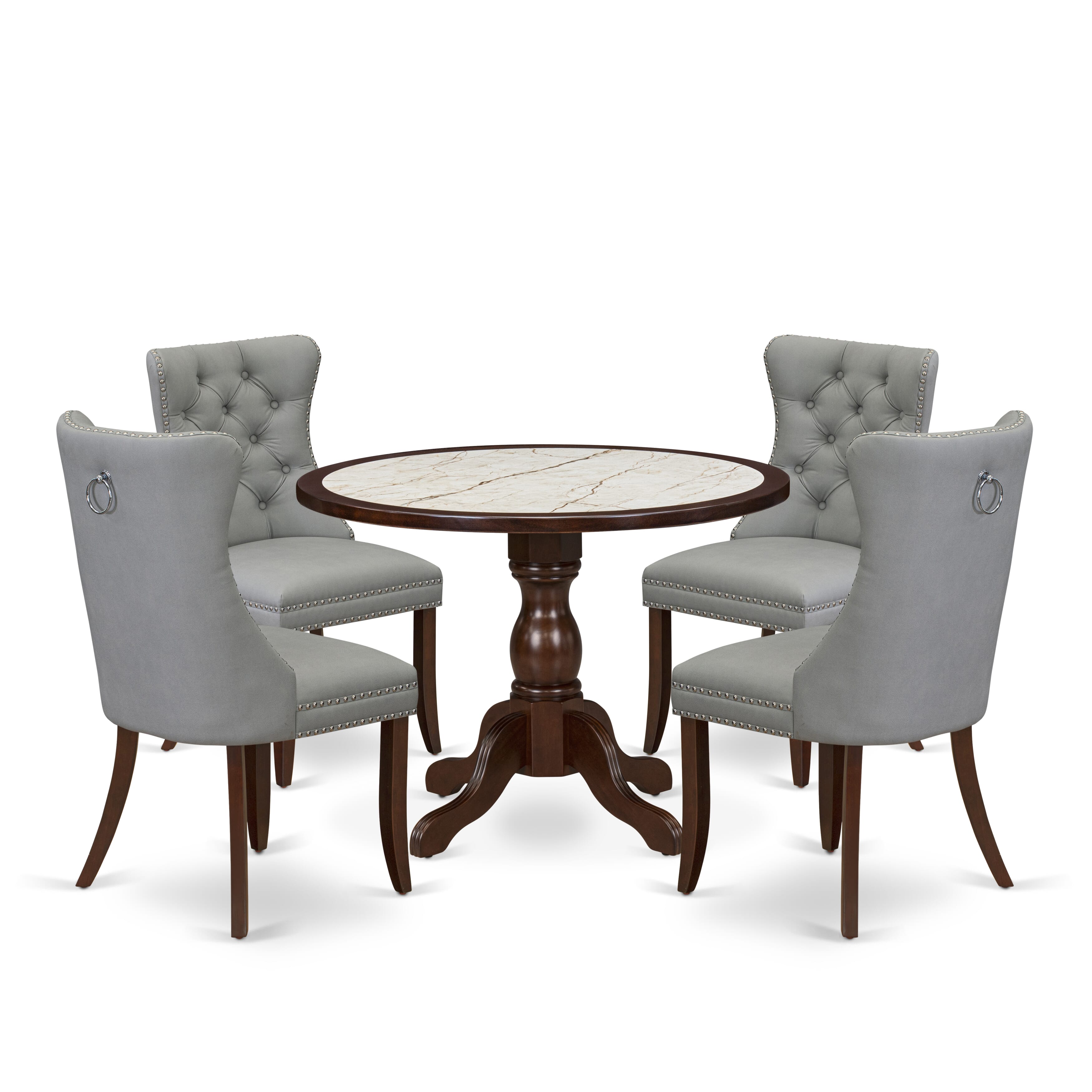 Luxe by East West Furniture 42DA5-307-27 5-piece dining table set includes a pedestal breakfast table and 4 Button Tufted Parsons chairs with Light Gray Faux Leather, Mahogany finish.