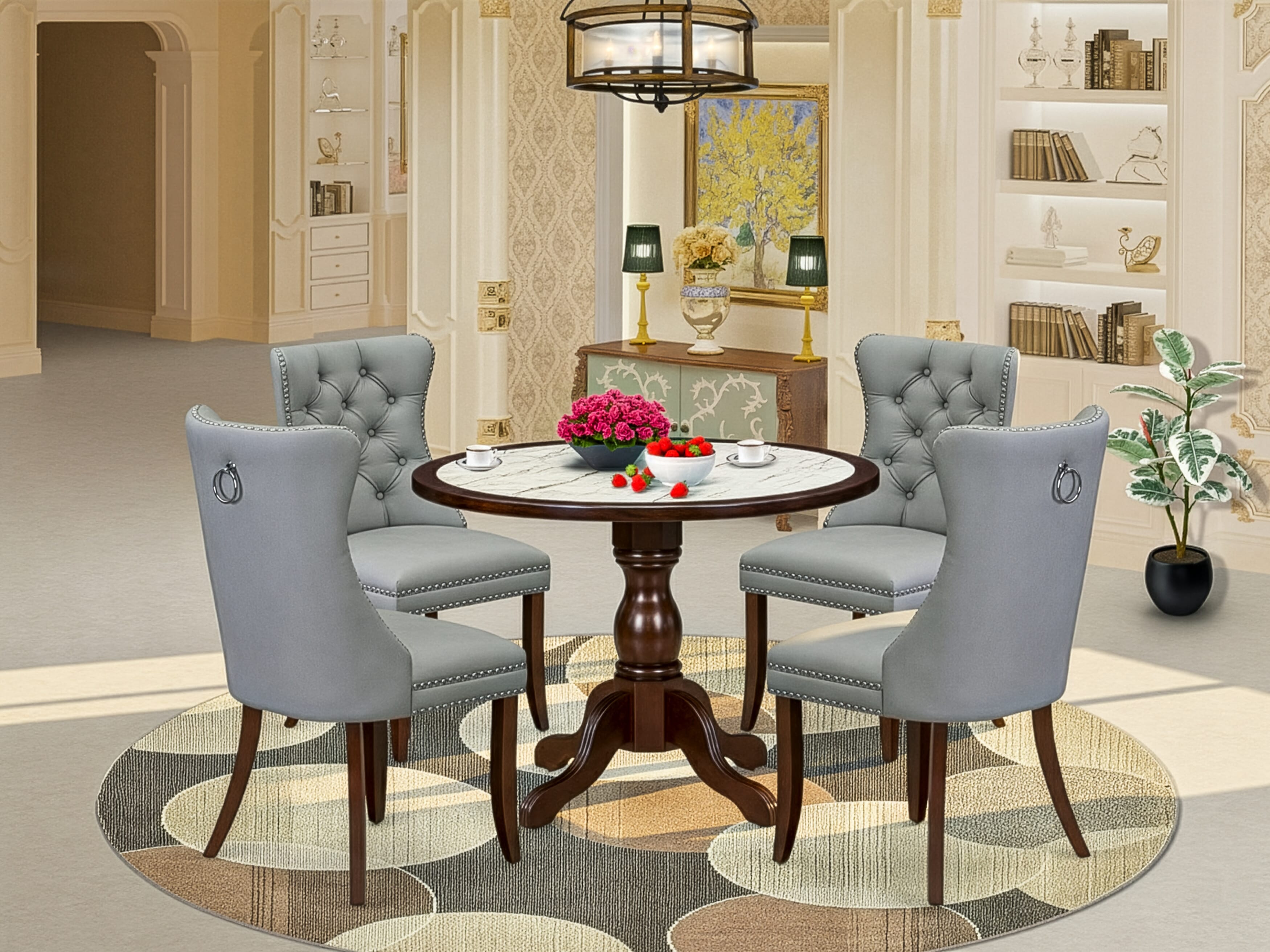 Luxe by East West Furniture 42DA5-307-27 5-piece dining table set includes a pedestal breakfast table and 4 Button Tufted Parsons chairs with Light Gray Faux Leather, Mahogany finish.