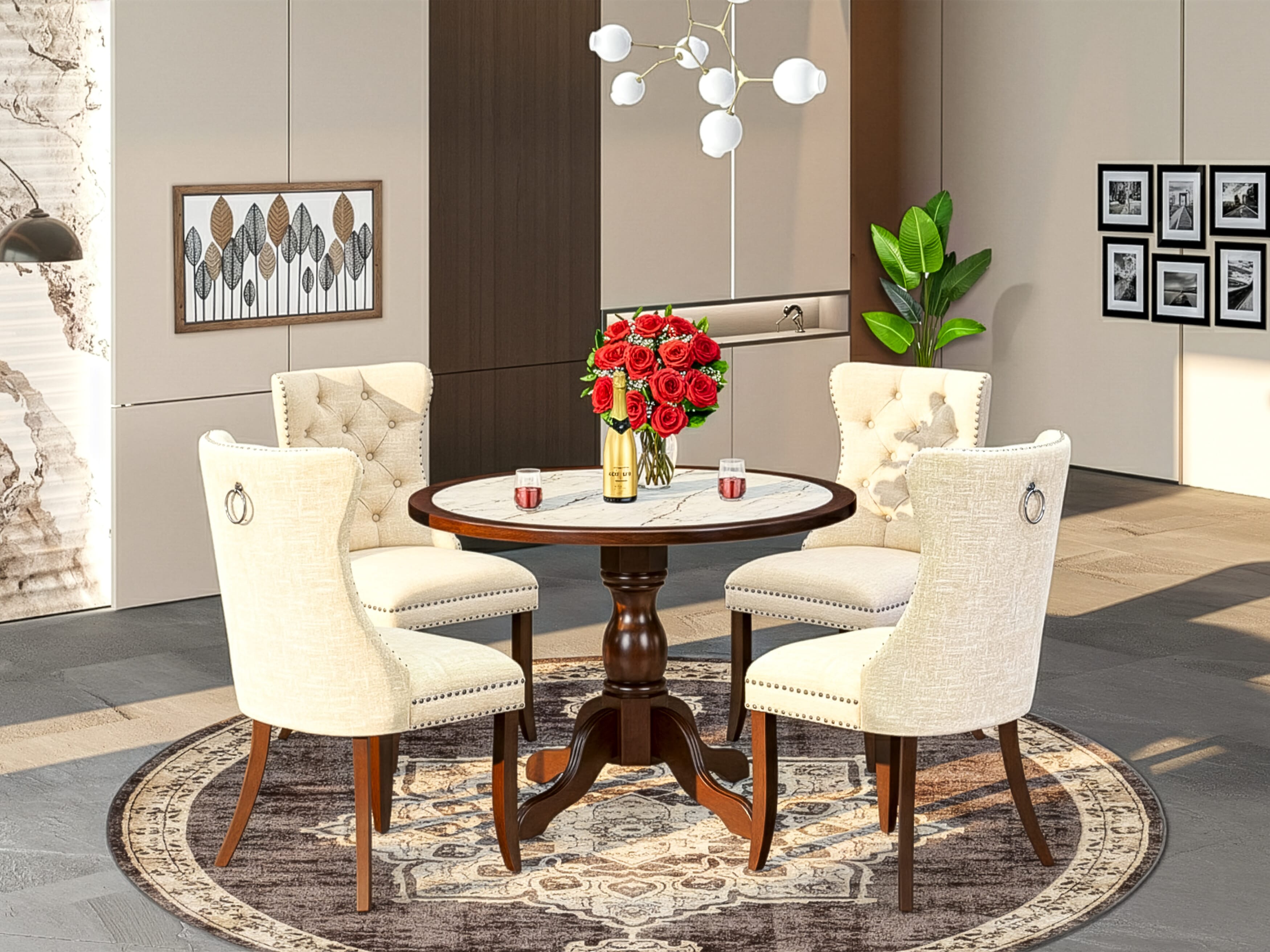 Luxe by East West Furniture 42DA5-307-32 5-Piece Dining Set includes a pedestal kitchen table and 4 Button Tufted Parsons chairs with Light Beige linen fabric, Mahogany finish.