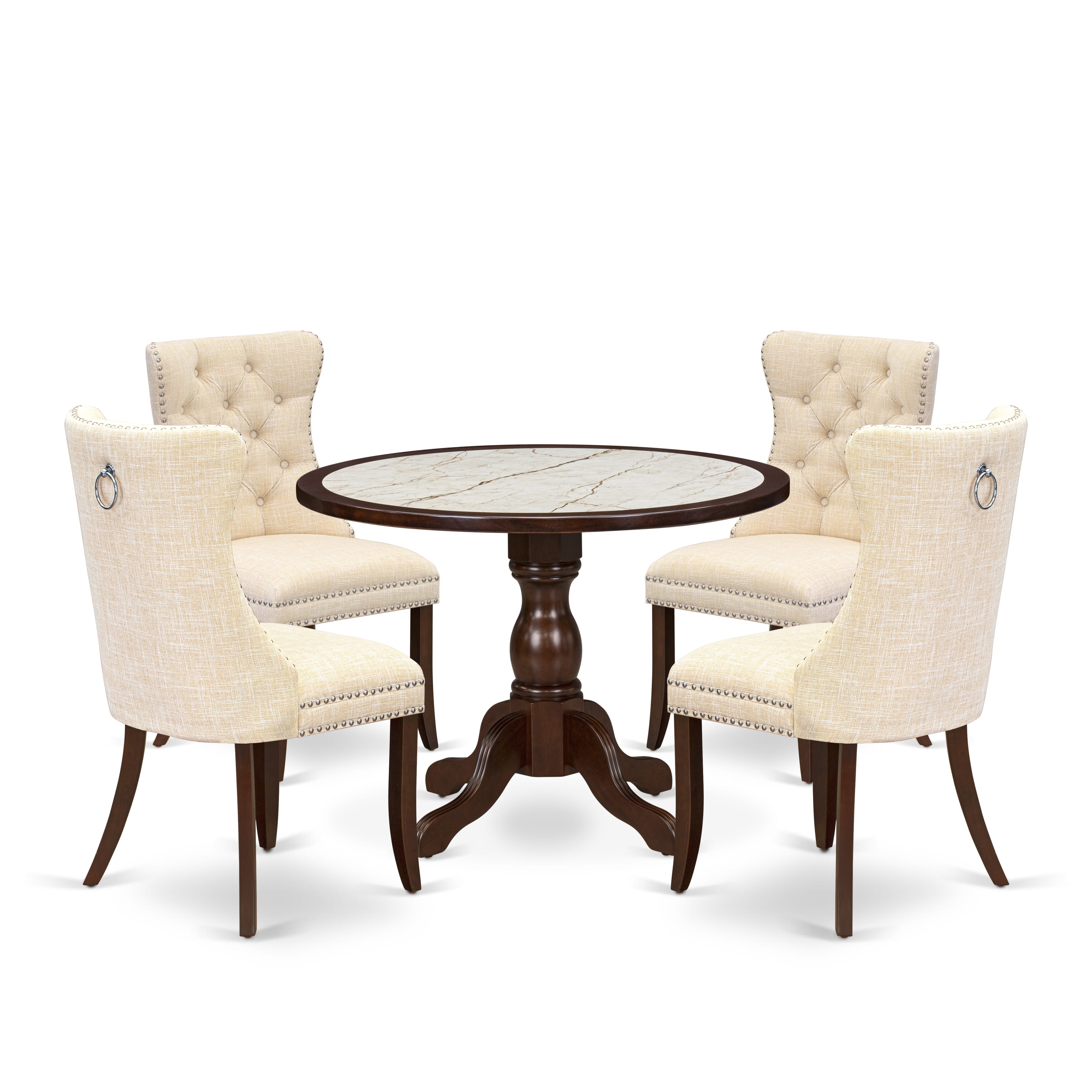 Luxe by East West Furniture 42DA5-307-32 5-Piece Dining Set includes a pedestal kitchen table and 4 Button Tufted Parsons chairs with Light Beige linen fabric, Mahogany finish.
