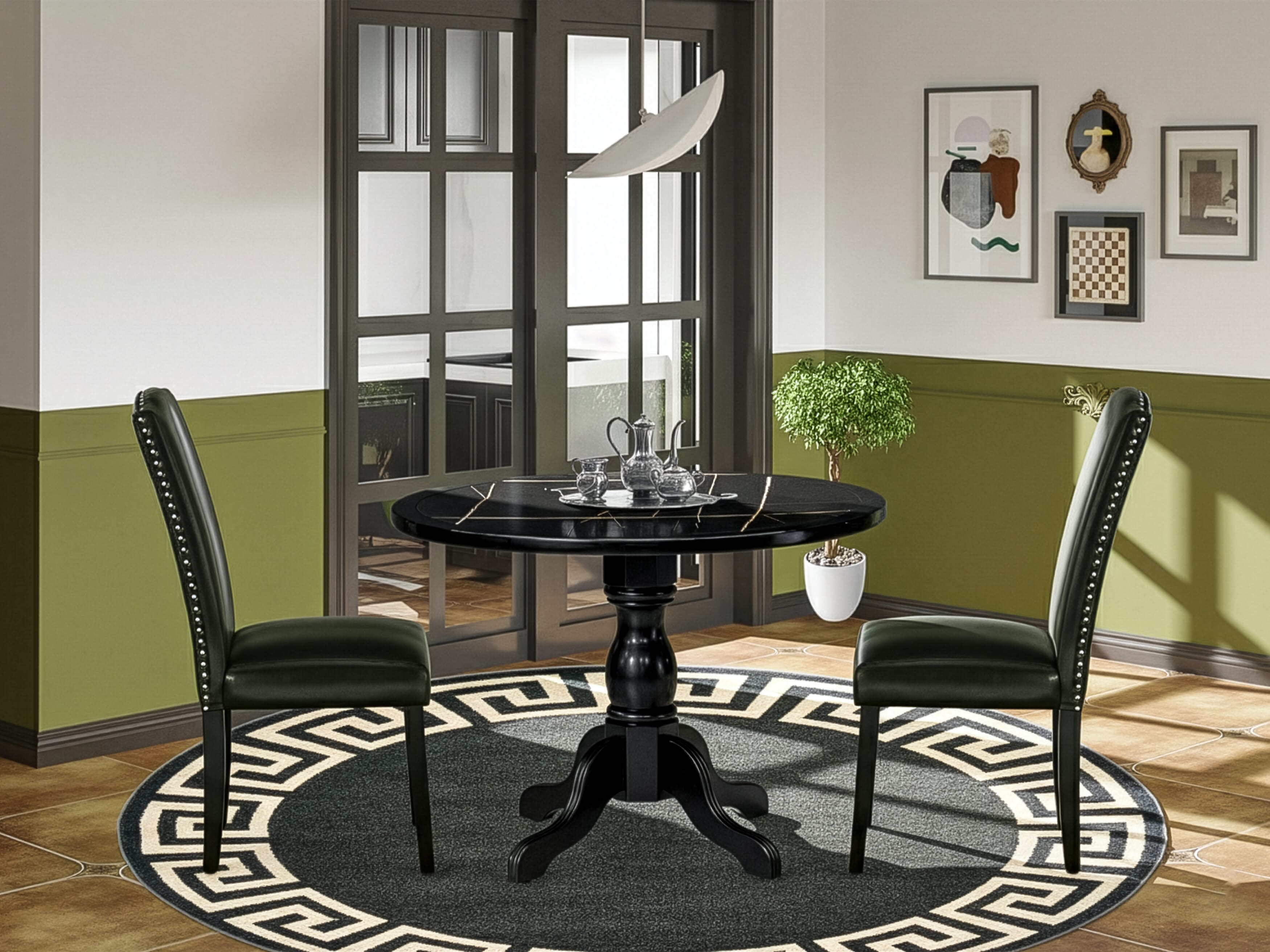 Luxe by East West Furniture 42EN3-103-69 -3 pc Modern Dining Table Set Includes a Round Table and 2 Wire brushed Black Faux Leather Modern Chair with High Back - Wire brushed Black