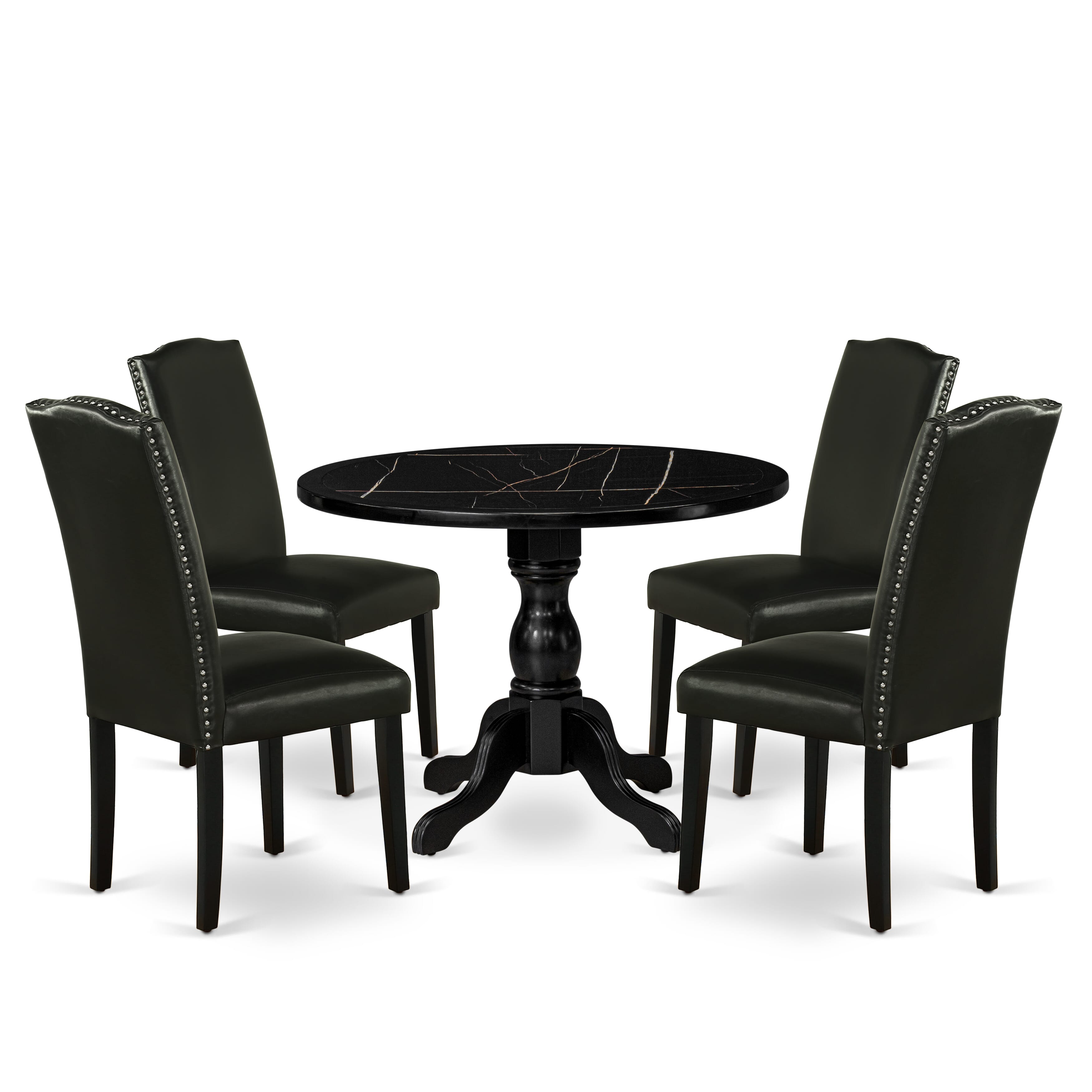 Luxe by East West Furniture 42EN5-103-69 -5 pc Modern Dining Set consists of a Round Table and 4 Wire brushed Black Faux Leather Modern Dining Chair with High Back - Wire brushed Black