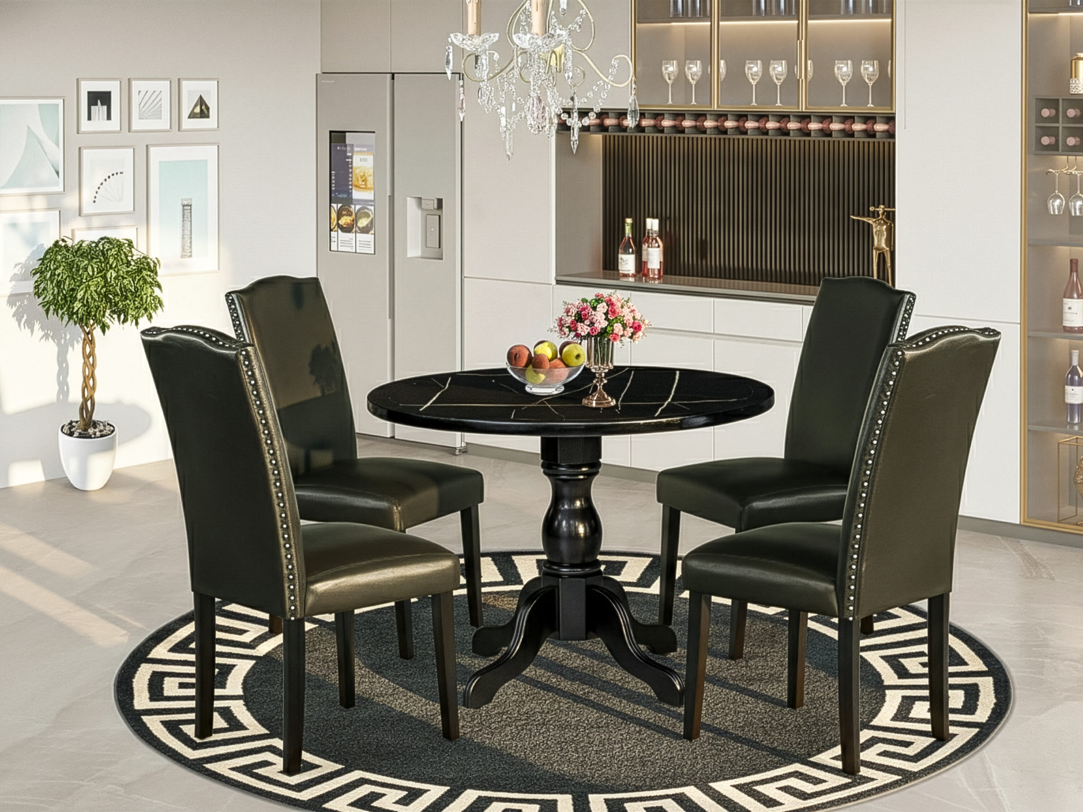 Luxe by East West Furniture 42EN5-103-69 -5 pc Modern Dining Set consists of a Round Table and 4 Wire brushed Black Faux Leather Modern Dining Chair with High Back - Wire brushed Black