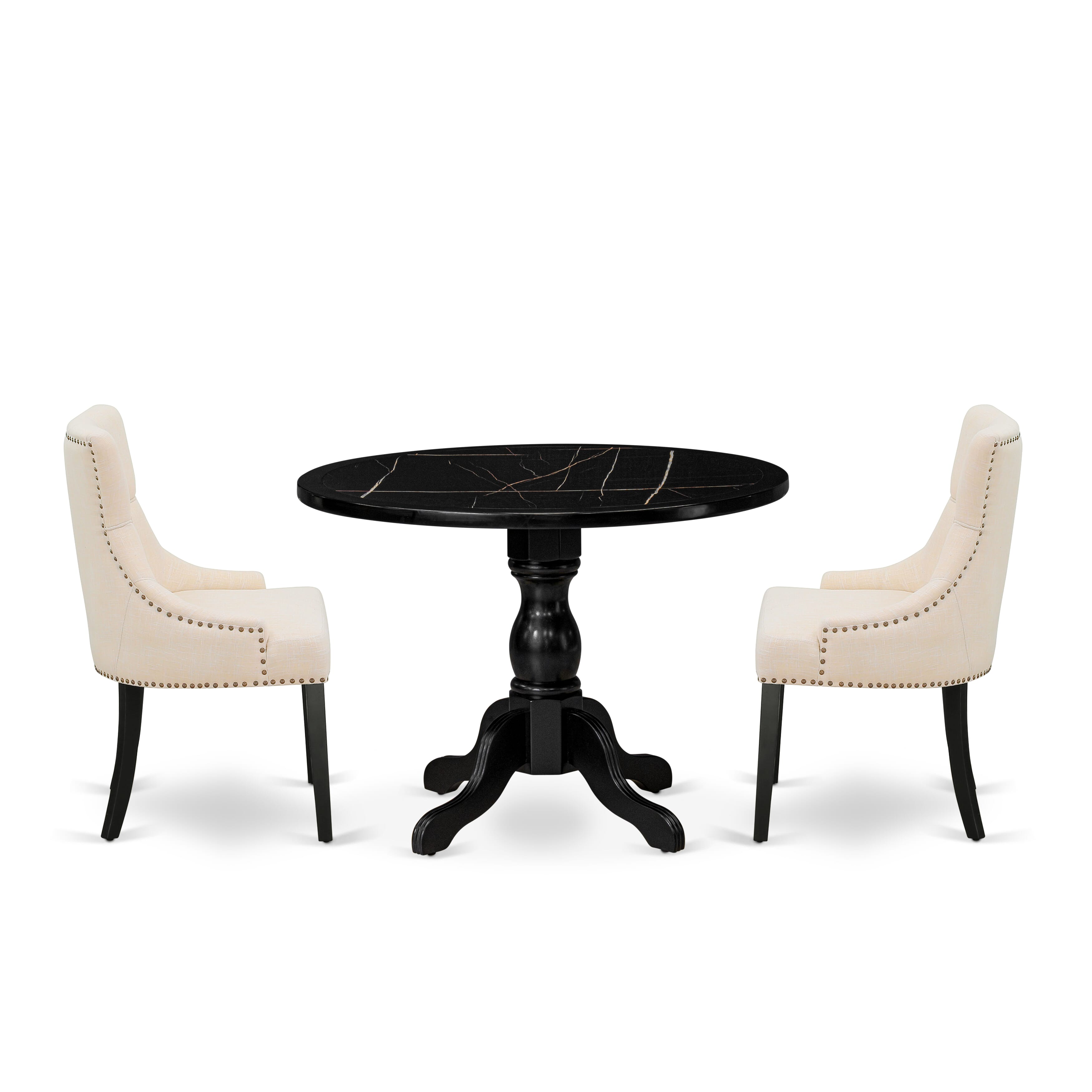 Luxe by East West Furniture 42FR3-103-02 -3 pc Mid-Century Dining Set contains a Round Table and 2 Light Beige Linen Fabric Dining Chairs with Button Tufted Back - Wire brushed Black