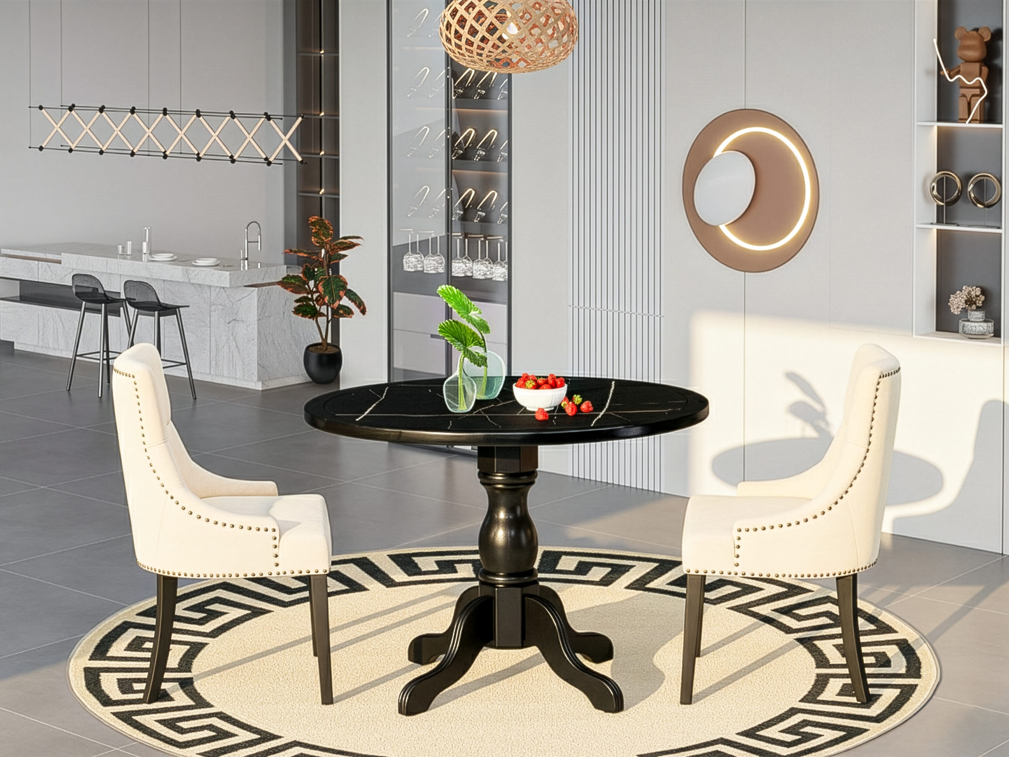 Luxe by East West Furniture 42FR3-103-02 -3 pc Mid-Century Dining Set contains a Round Table and 2 Light Beige Linen Fabric Dining Chairs with Button Tufted Back - Wire brushed Black