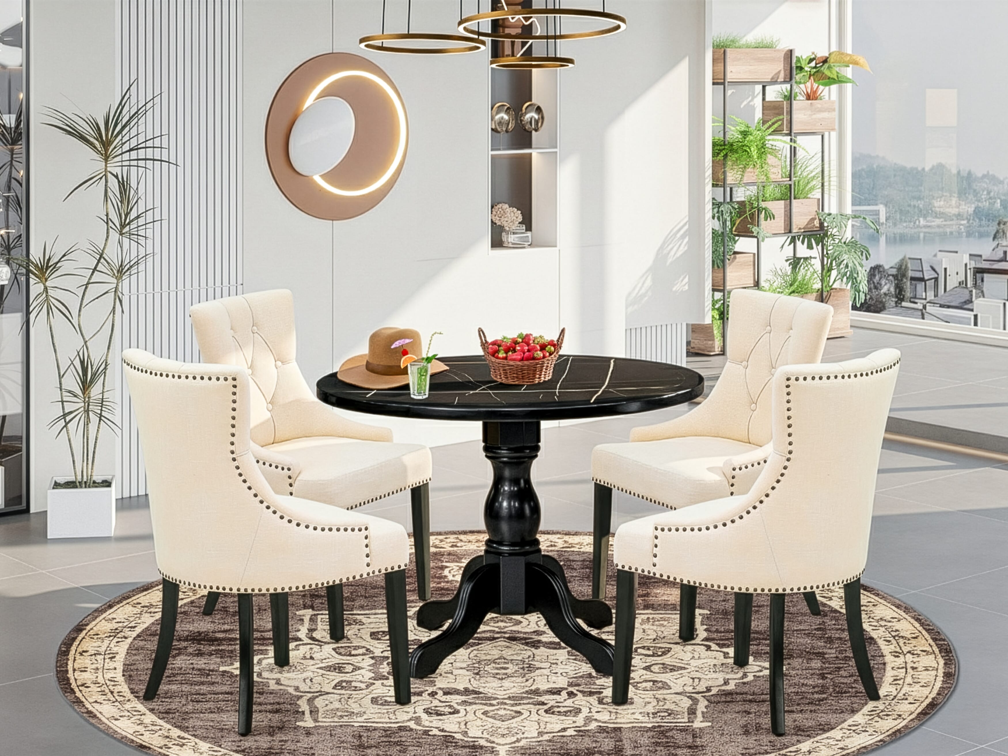 Luxe by East West Furniture 42FR5-103-02 -5 pc Mid-Century Modern Dining Set Includes a Round Table and 4 Light Beige Linen Fabric Mid Century Chair with Button Tufted Back - Wire brushed Black
