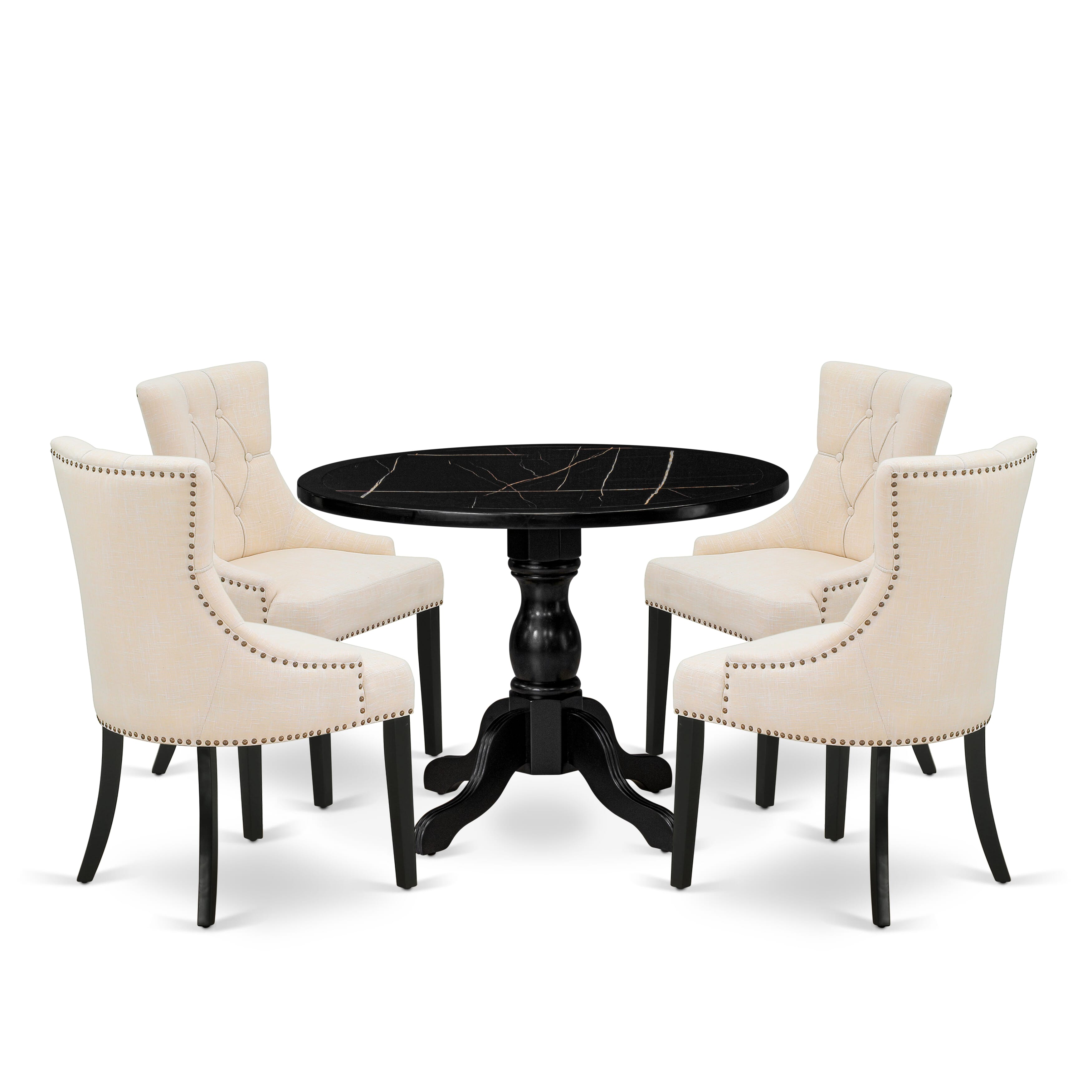 Luxe by East West Furniture 42FR5-103-02 -5 pc Mid-Century Modern Dining Set Includes a Round Table and 4 Light Beige Linen Fabric Mid Century Chair with Button Tufted Back - Wire brushed Black