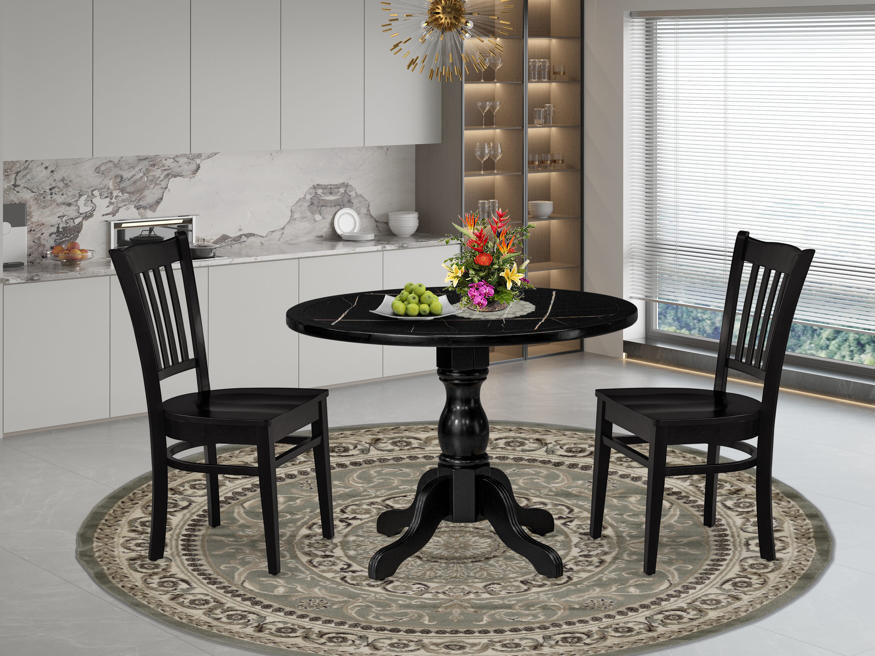 Luxe by East West Furniture 42GR3-103-W -3 pc Kitchen Dining Table Set consists of a Round Table and 2 Wooden Kitchen Chair with Slatted Back - Wire brushed Black
