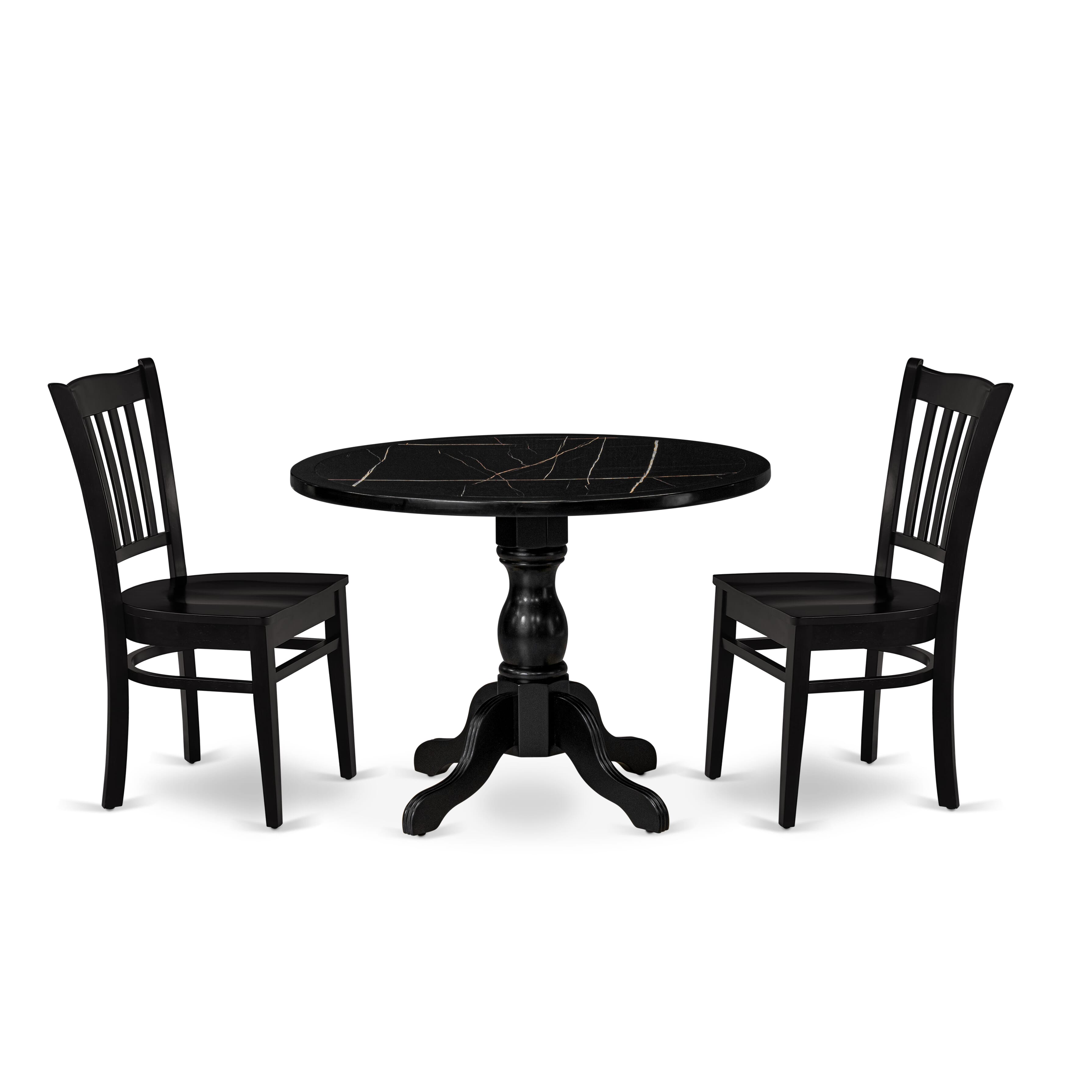 Luxe by East West Furniture 42GR3-103-W -3 pc Kitchen Dining Table Set consists of a Round Table and 2 Wooden Kitchen Chair with Slatted Back - Wire brushed Black