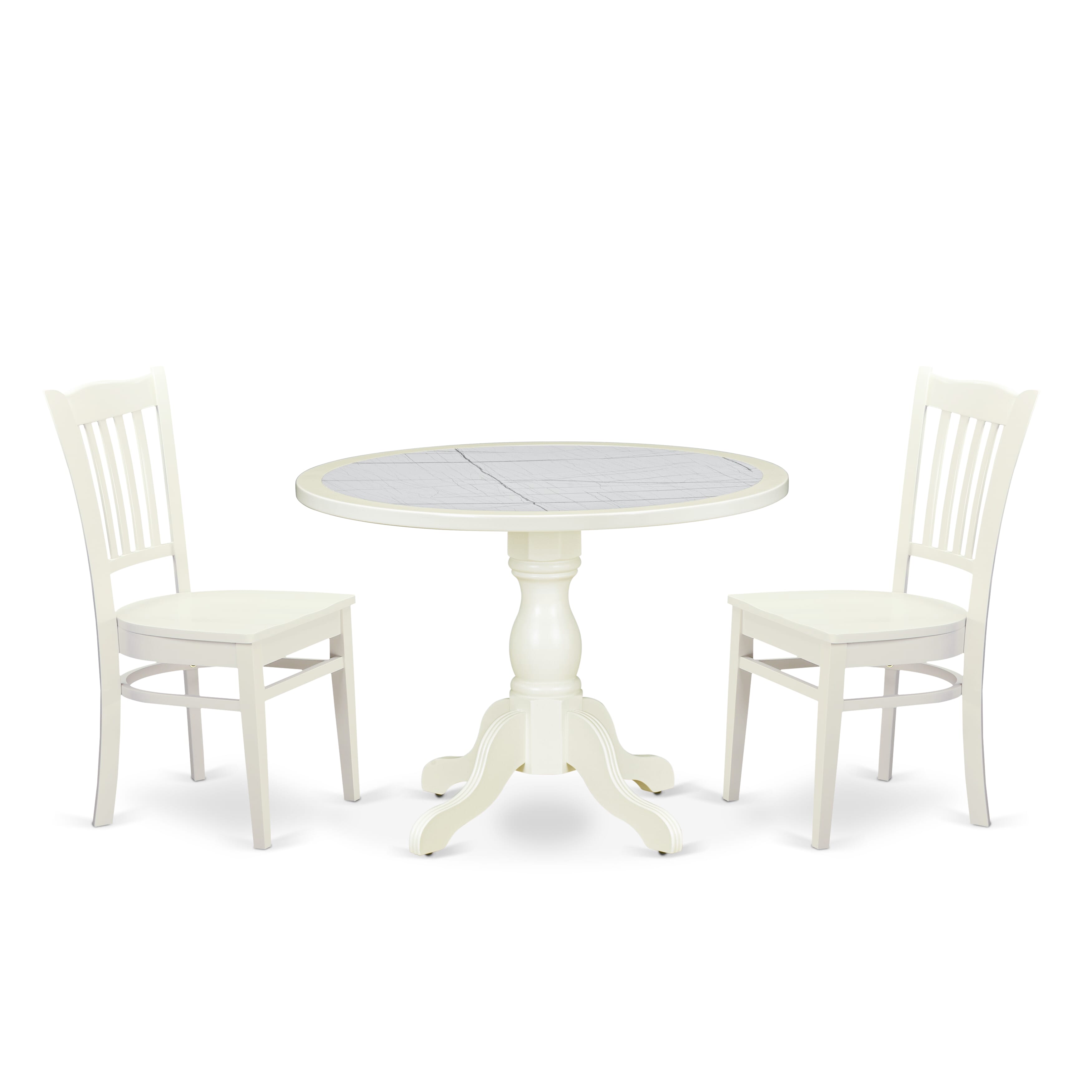 Luxe by East West Furniture 42GR3-208-W -3 pc Dining Room Set consists of a Round Table and 2 Wooden Dining Chairs with Slatted Back - Linen White