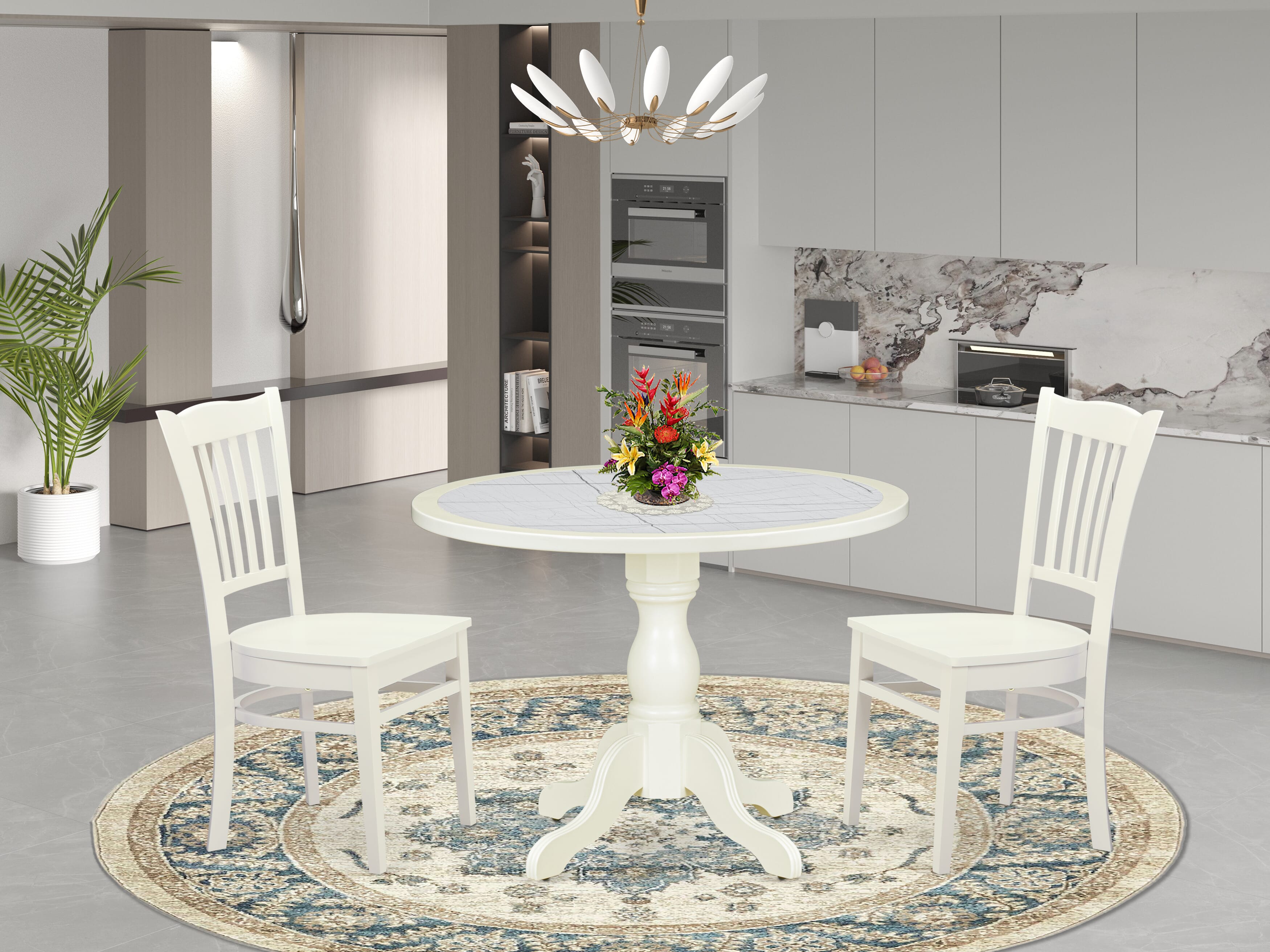 Luxe by East West Furniture 42GR3-208-W -3 pc Dining Room Set consists of a Round Table and 2 Wooden Dining Chairs with Slatted Back - Linen White