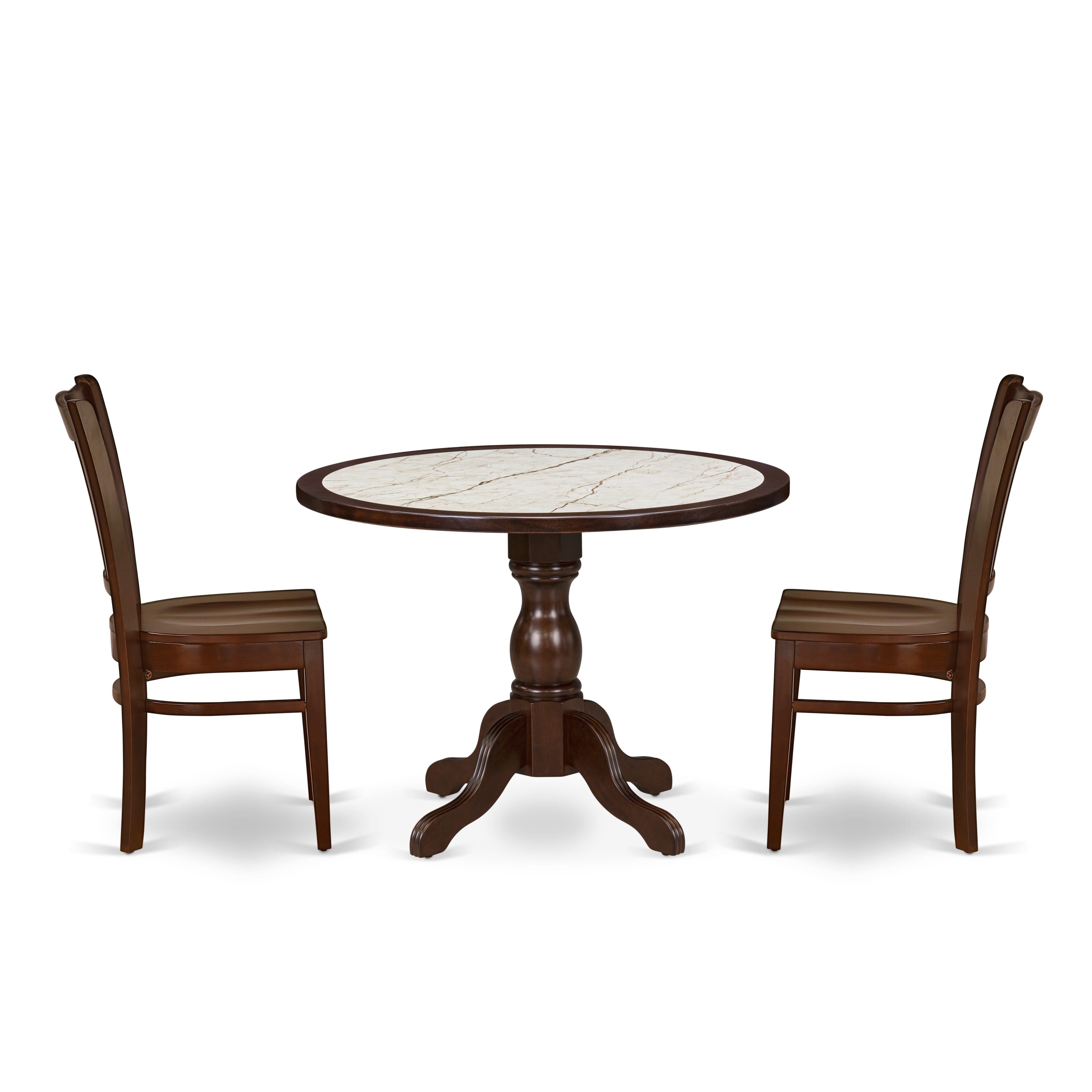 Luxe by East West Furniture 42GR3-307-W 3-piece modern dining set Consists a round pedestal table and 2 Slatted Back modern chairs, Mahogany finish.
