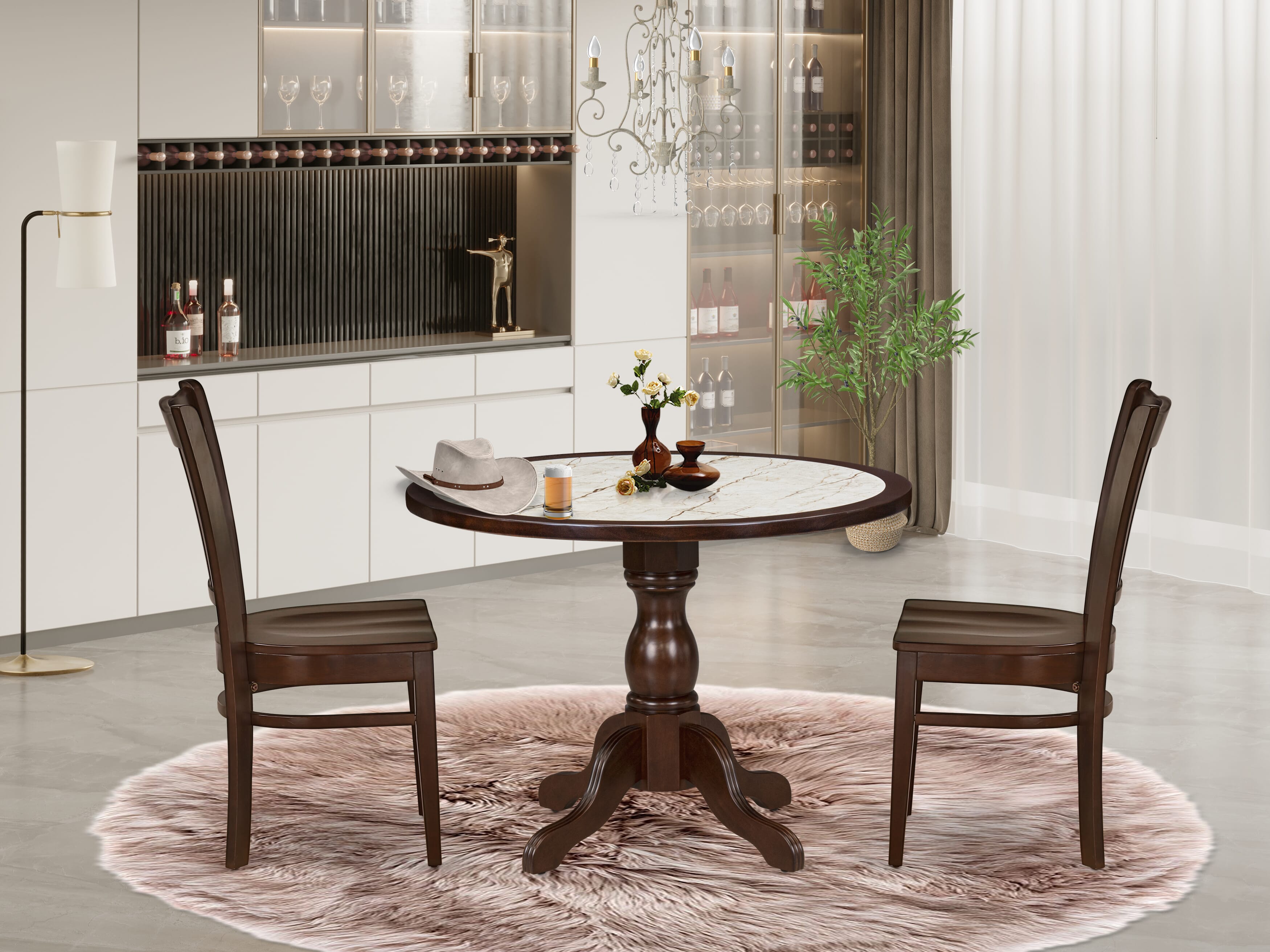 Luxe by East West Furniture 42GR3-307-W 3-piece modern dining set Consists a round pedestal table and 2 Slatted Back modern chairs, Mahogany finish.