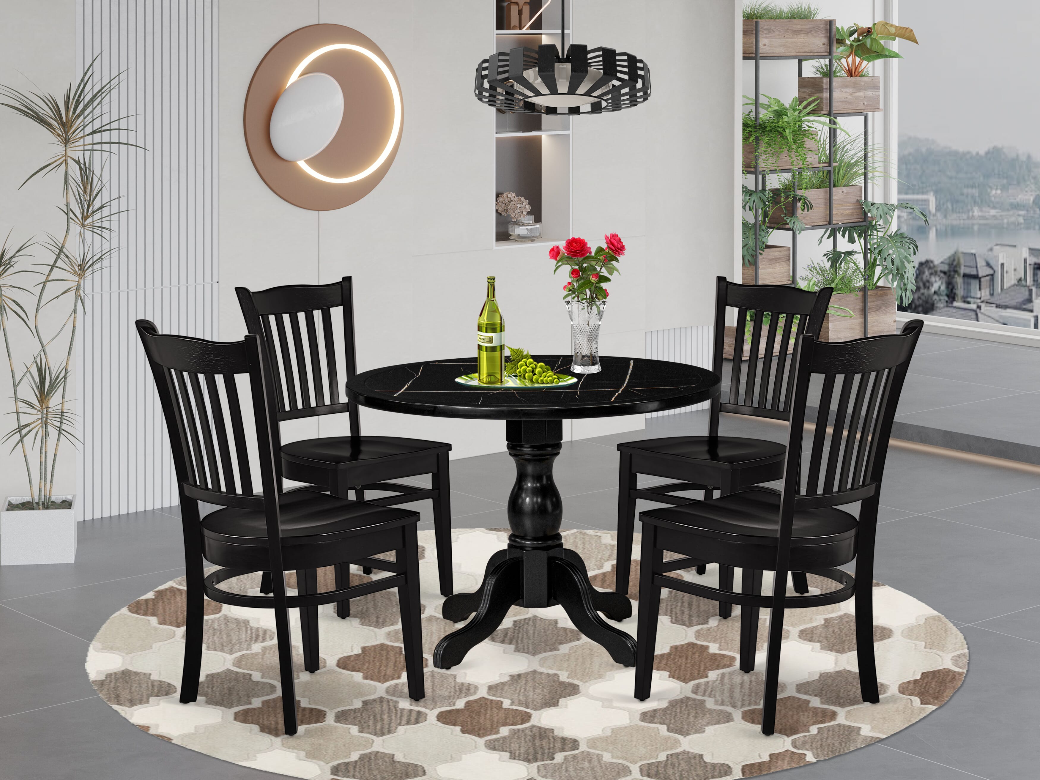 Luxe by East West Furniture 42GR5-103-W -5 pc Mid-century Modern Dining Table Set contains a Round Table and 4 Wooden Mid Century Dining Chairs with Slatted Back - Wire brushed Black