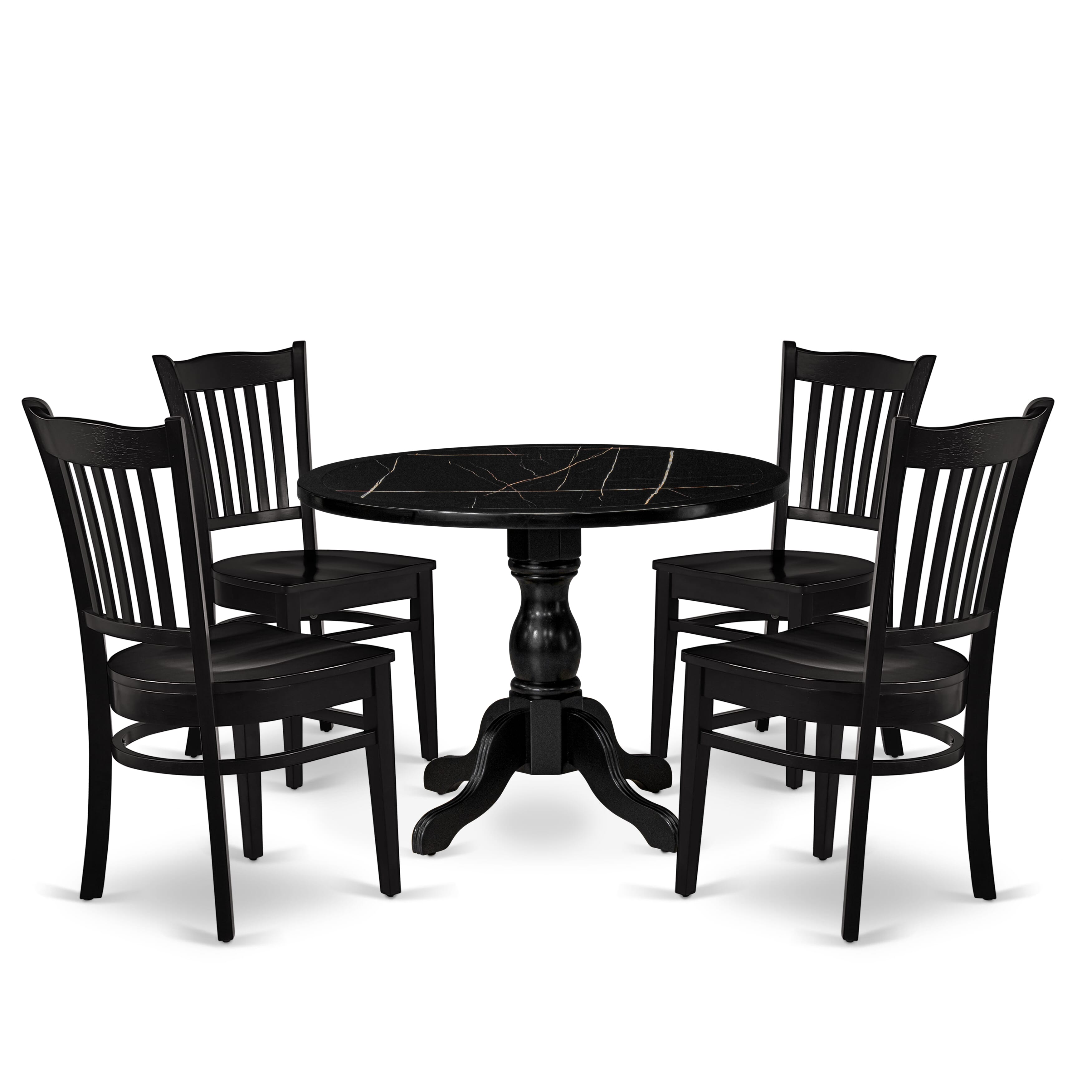 Luxe by East West Furniture 42GR5-103-W -5 pc Mid-century Modern Dining Table Set contains a Round Table and 4 Wooden Mid Century Dining Chairs with Slatted Back - Wire brushed Black