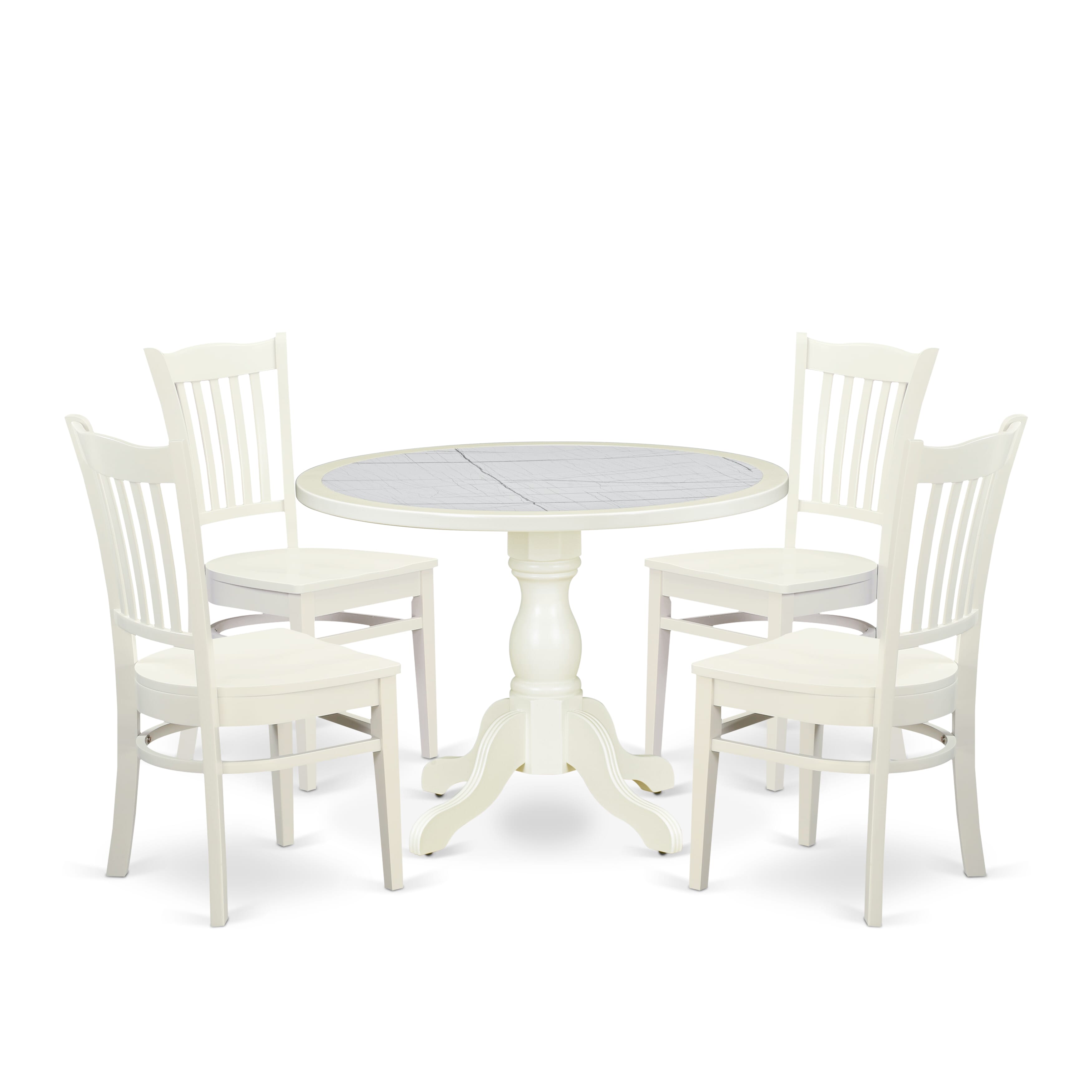 Luxe by East West Furniture 42GR5-208-W -5 pc Table Set contains a Round Table and 4 Wooden Mid Century Chair with Slatted Back - Linen White