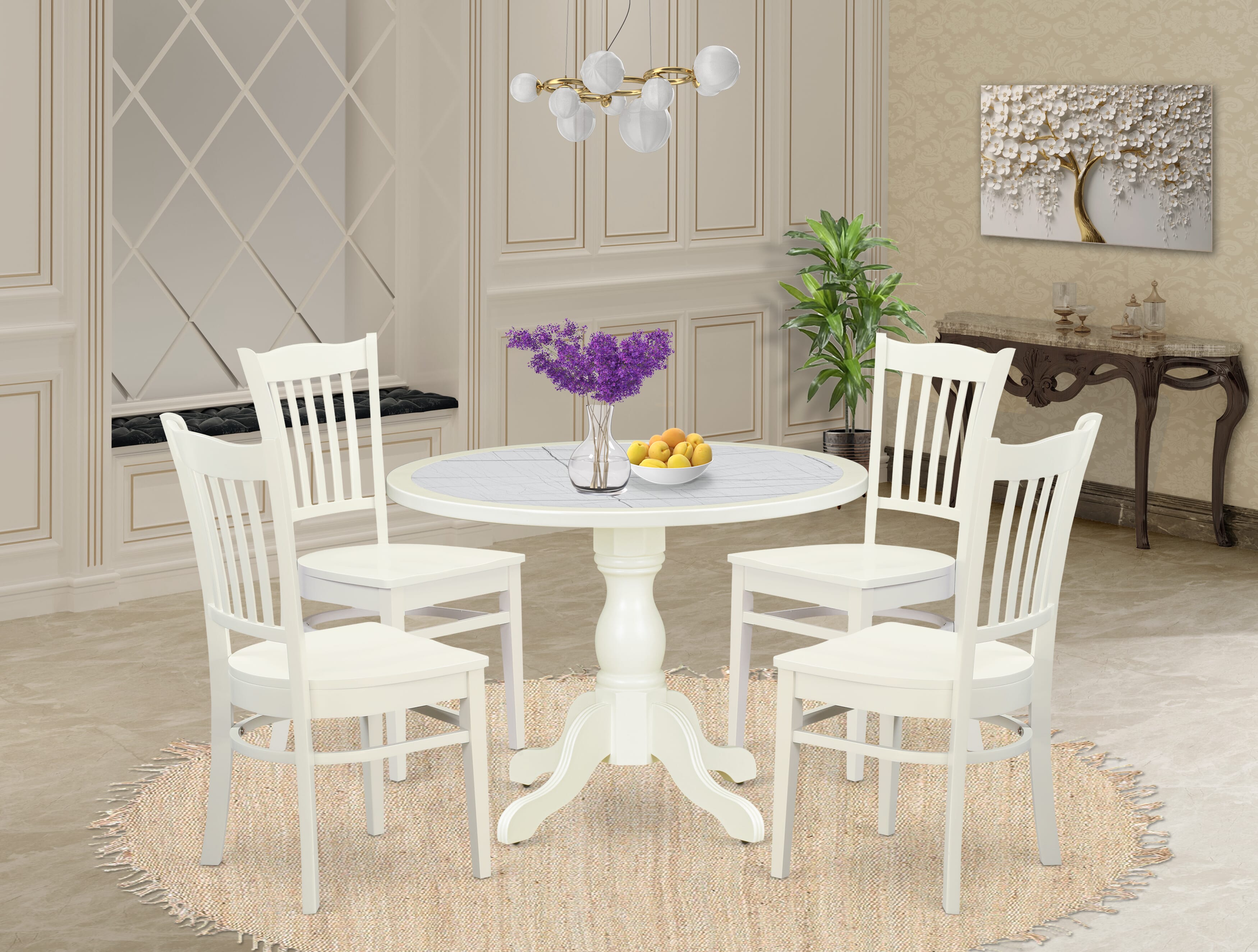 Luxe by East West Furniture 42GR5-208-W -5 pc Table Set contains a Round Table and 4 Wooden Mid Century Chair with Slatted Back - Linen White