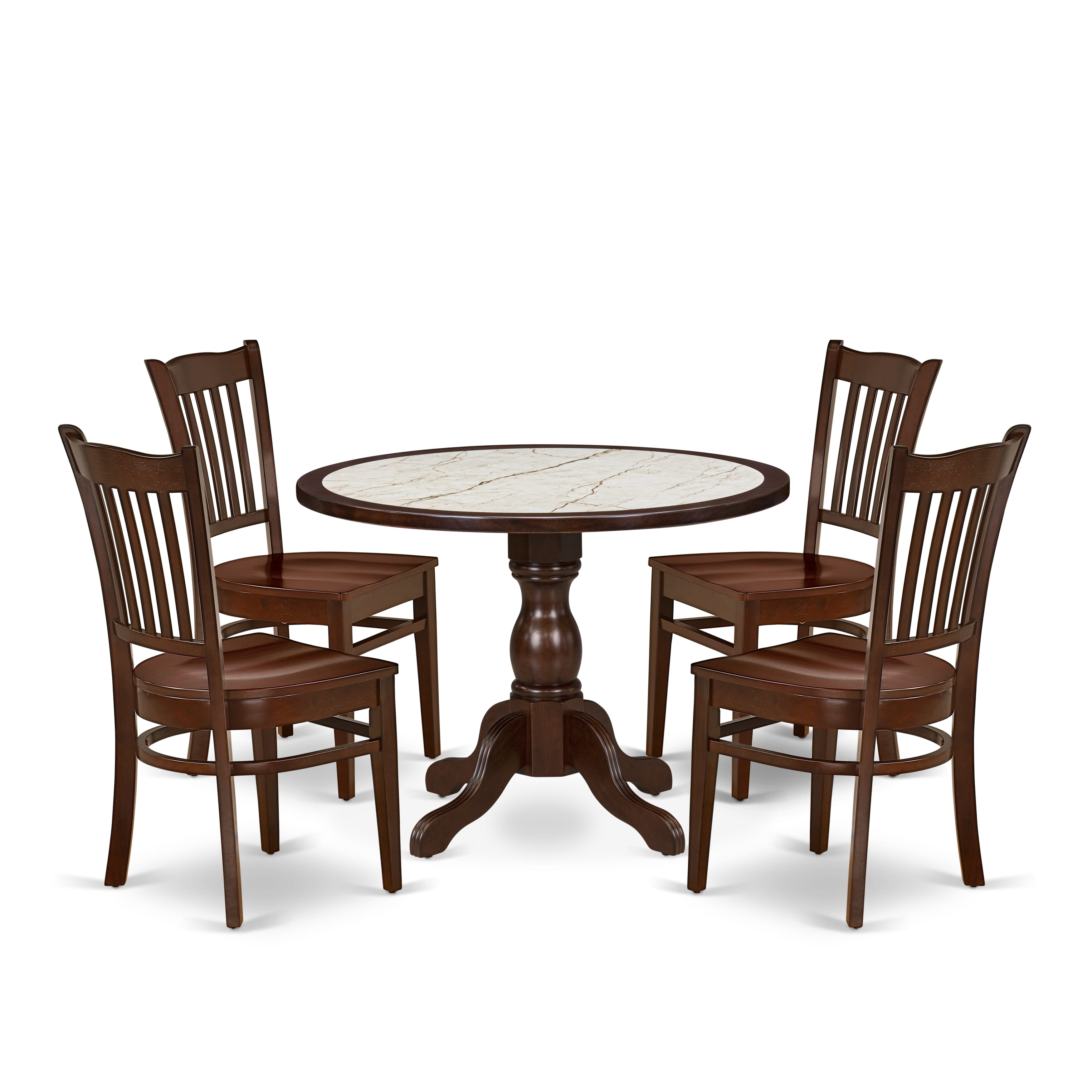 Luxe by East West Furniture 42GR5-307-W 5-piece kitchen table set includes a pedestal kitchen table and 4 Slatted Back kitchen chairs, Mahogany finish.