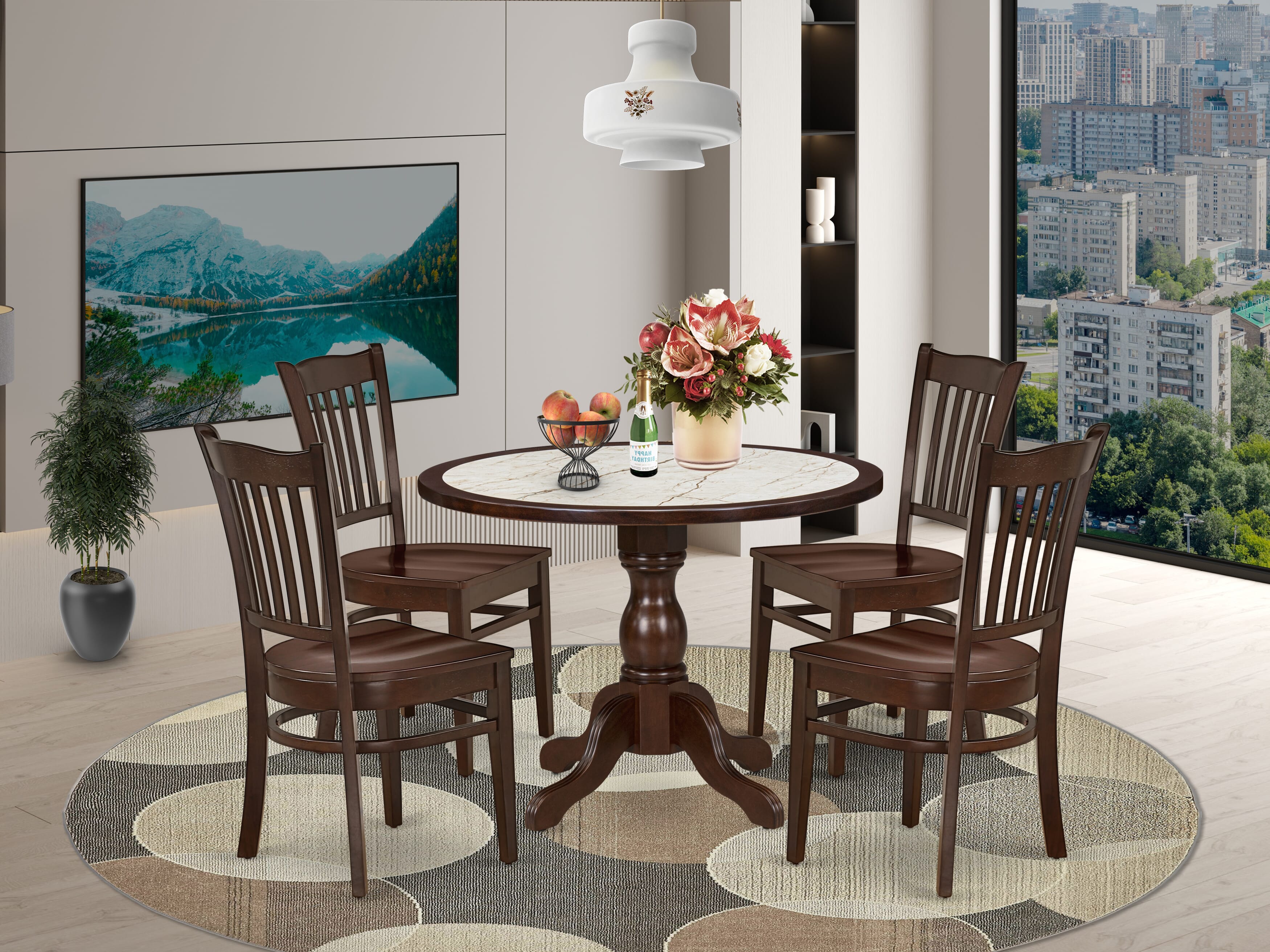 Luxe by East West Furniture 42GR5-307-W 5-piece kitchen table set includes a pedestal kitchen table and 4 Slatted Back kitchen chairs, Mahogany finish.