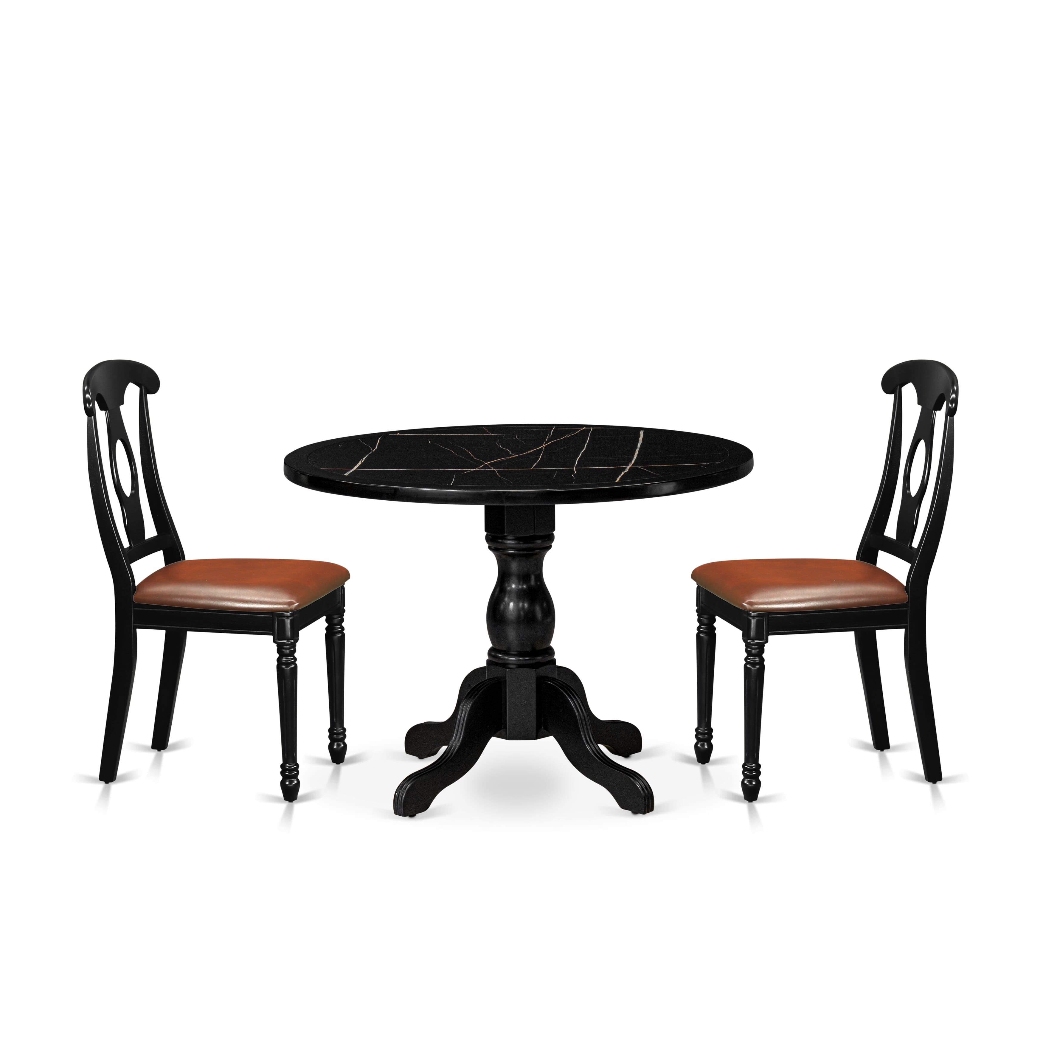 Luxe by East West Furniture 42KE3-103-LC -3 pc Dinner Table Set Includes a Round Table and 2 Faux Leather Dinning Chair with Naponeon Back - Wire brushed Black