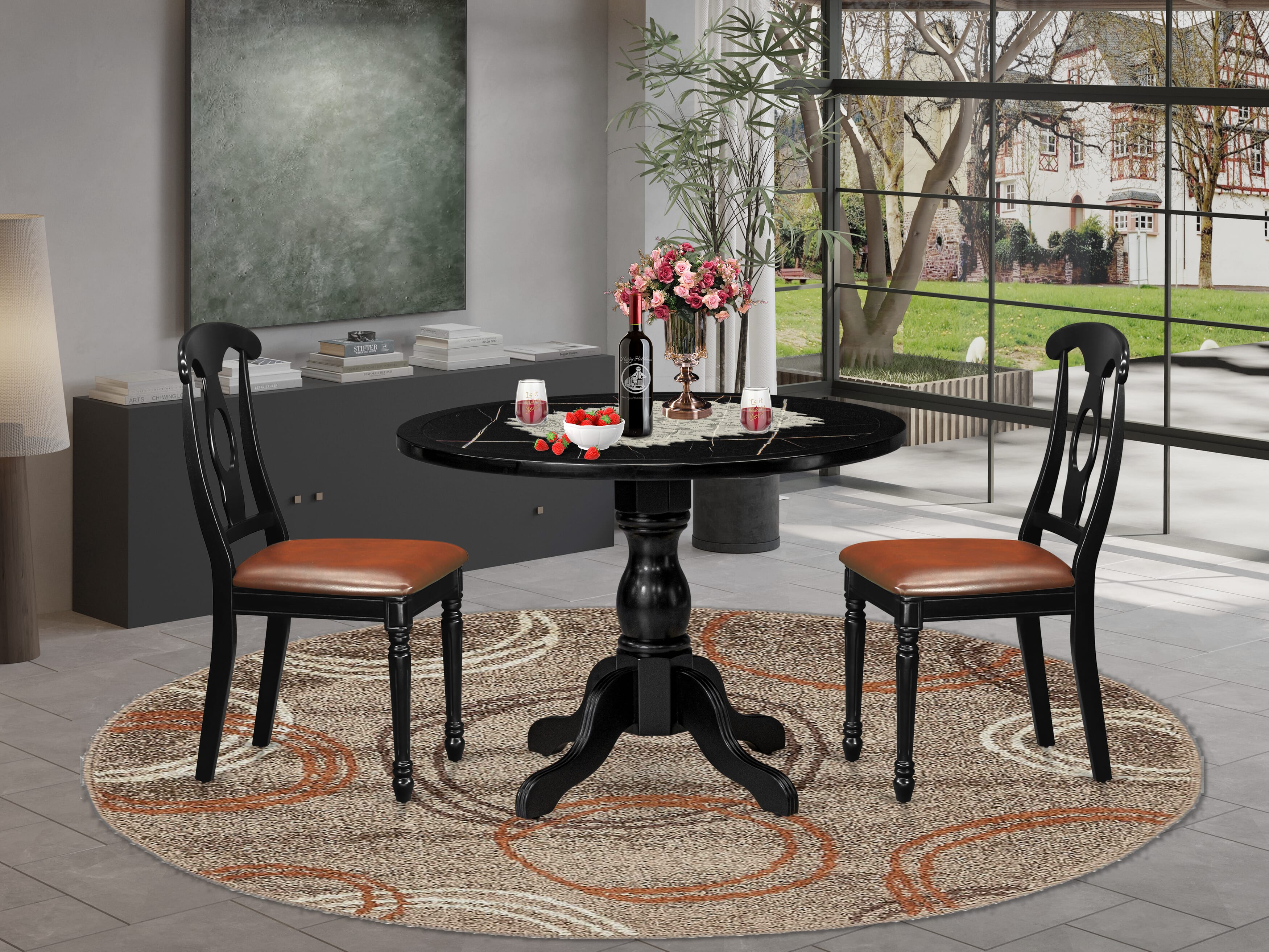 Luxe by East West Furniture 42KE3-103-LC -3 pc Dinner Table Set Includes a Round Table and 2 Faux Leather Dinning Chair with Naponeon Back - Wire brushed Black