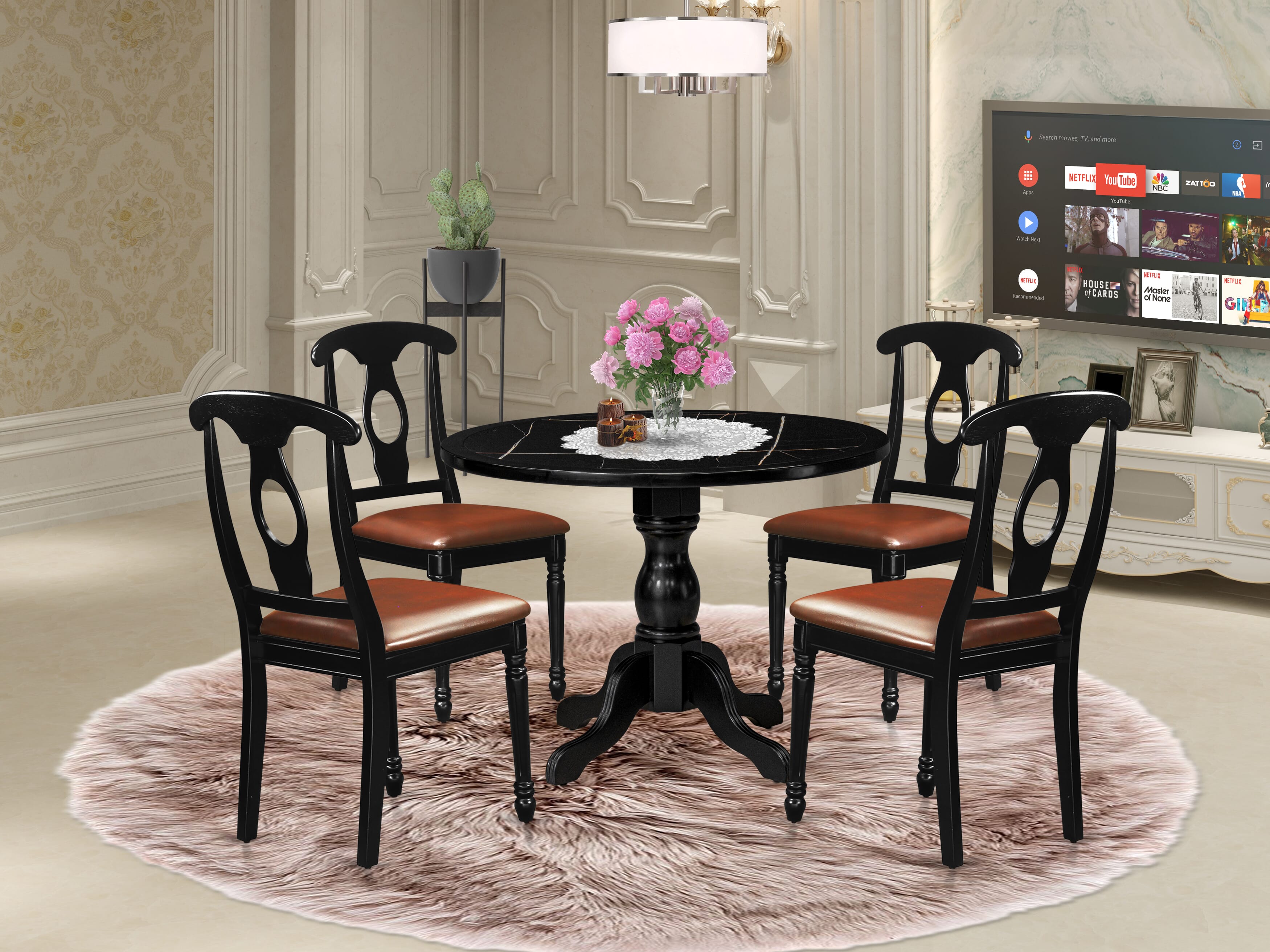 Luxe by East West Furniture 42KE5-103-LC -5 pc Dinette Set consists of a Round Table and 4 Faux Leather Modern Dining Chairs with Naponeon Back - Wire brushed Black