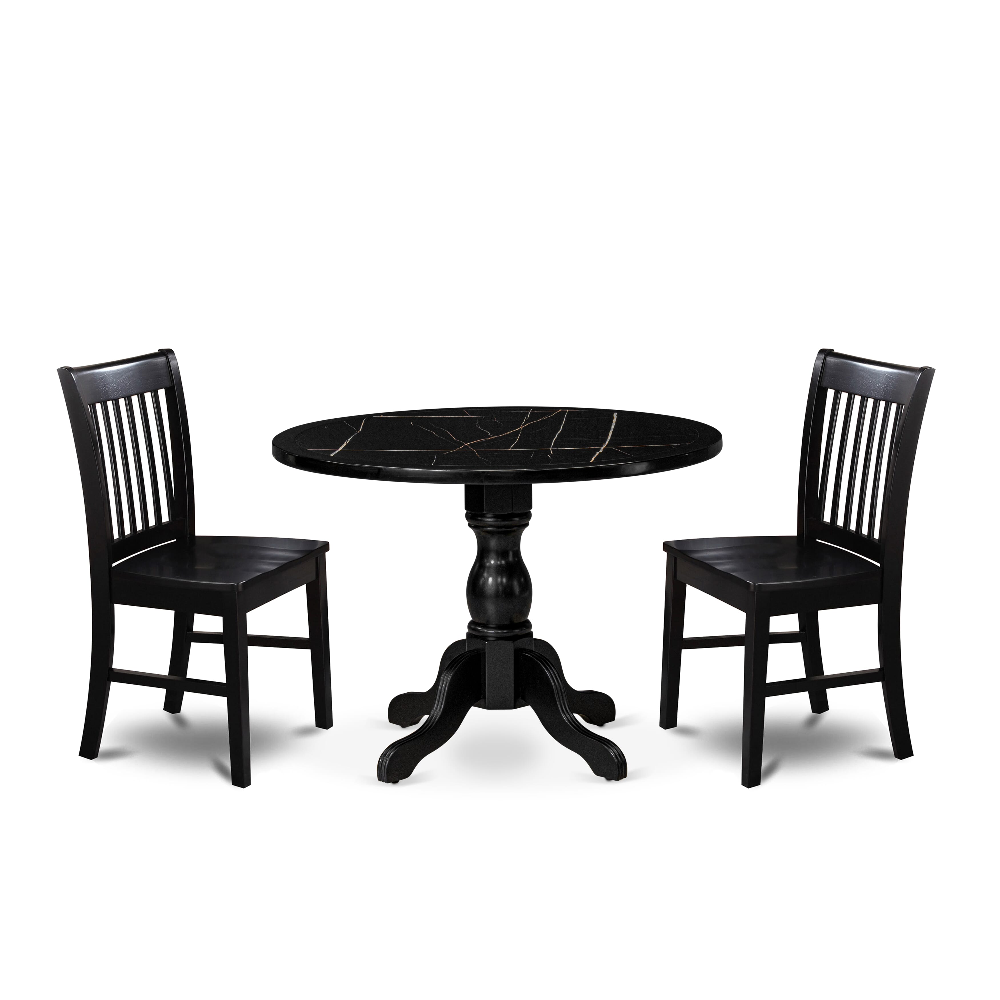 Luxe by East West Furniture 42NF3-103-W -3 pc Dining Room Table Set contains a Round Table and 2 Wooden Parsons Chairs with Slatted Back - Wire brushed Black