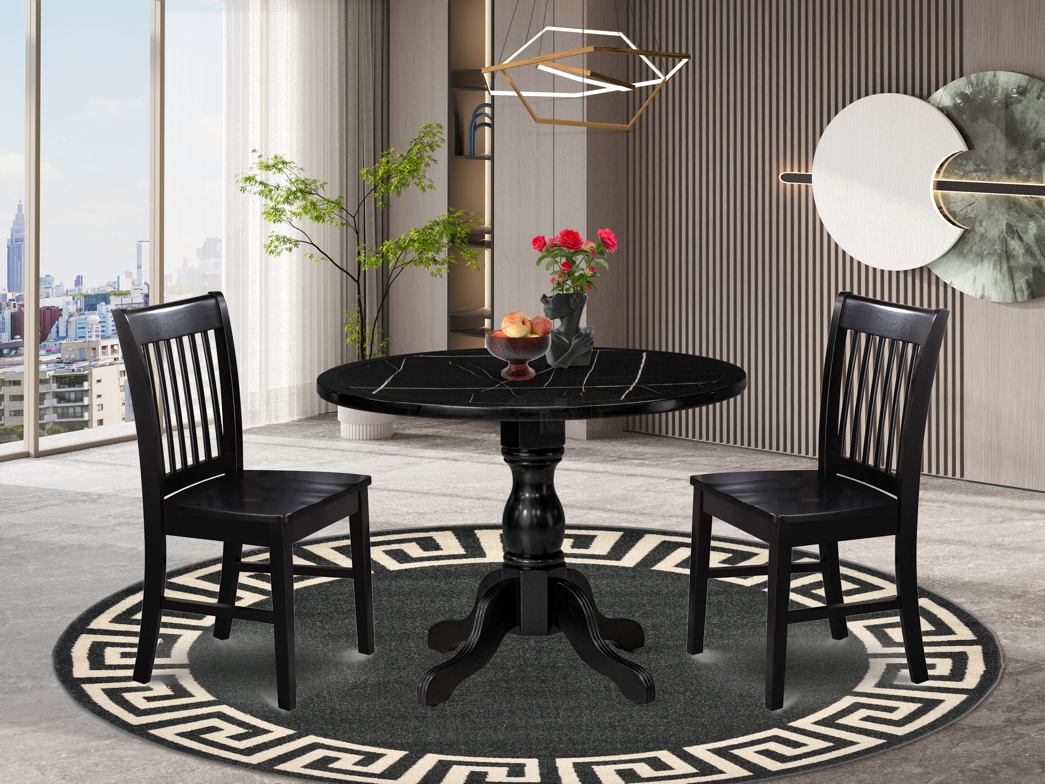 Luxe by East West Furniture 42NF3-103-W -3 pc Dining Room Table Set contains a Round Table and 2 Wooden Parsons Chairs with Slatted Back - Wire brushed Black