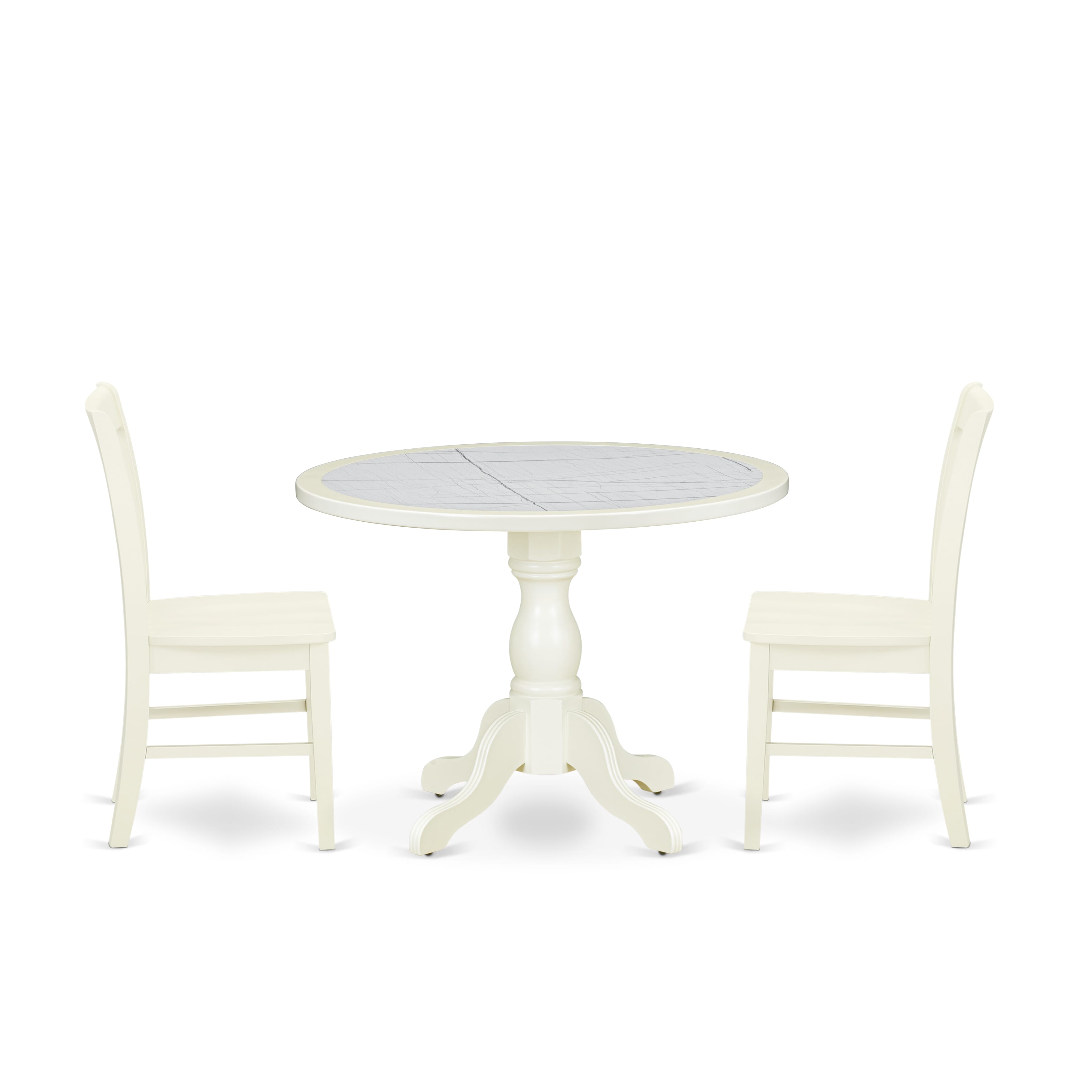Luxe by East West Furniture 42NF3-208-W -3 pc Modern Dining Table Set Includes a Round Table and 2 Wooden Kitchen Chair with Slatted Back - Linen White