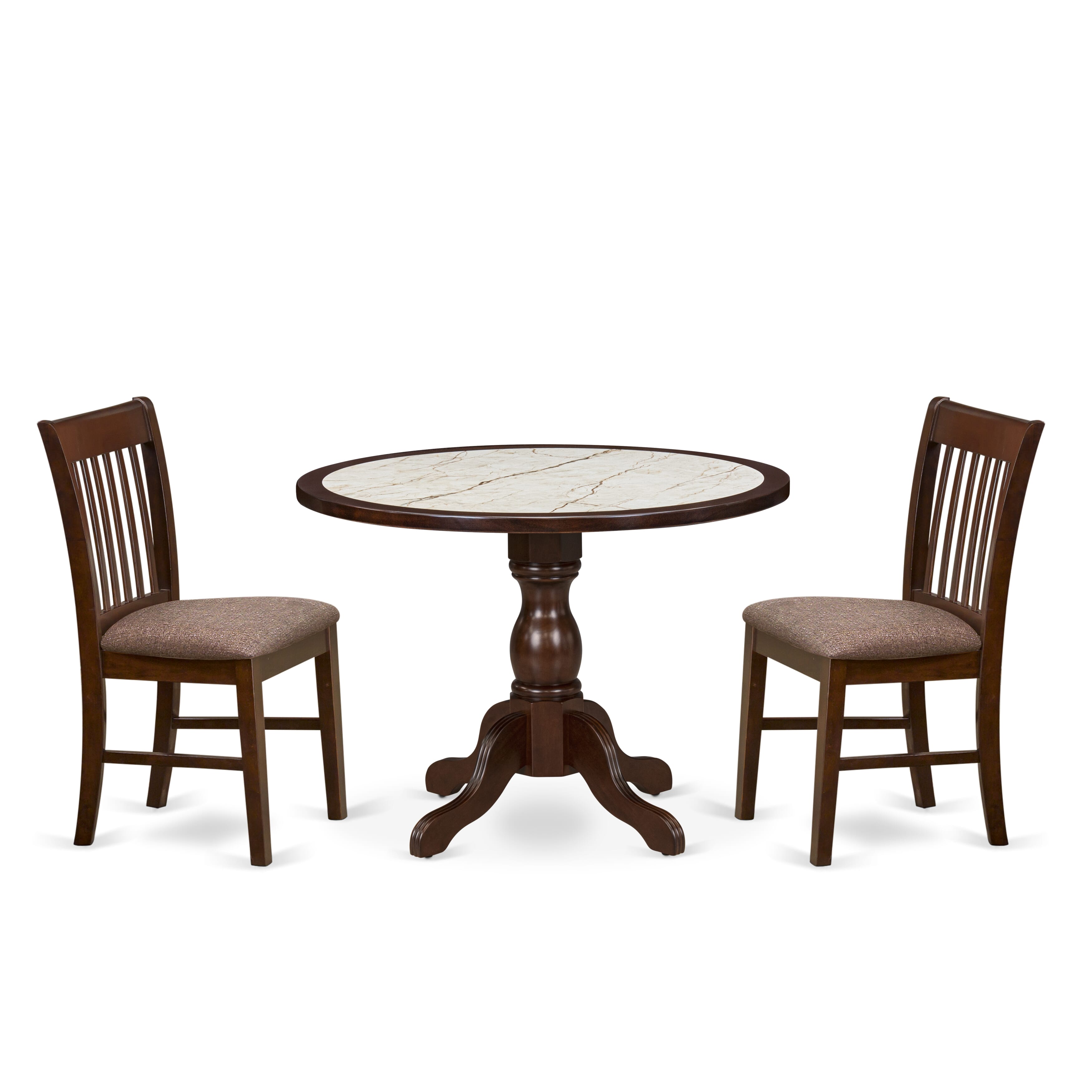 Luxe by East West Furniture 42NF3-307-C 3-Piece Dining Set Consists a round pedestal table and 2 Slatted Back Parsons chairs, Mahogany finish.