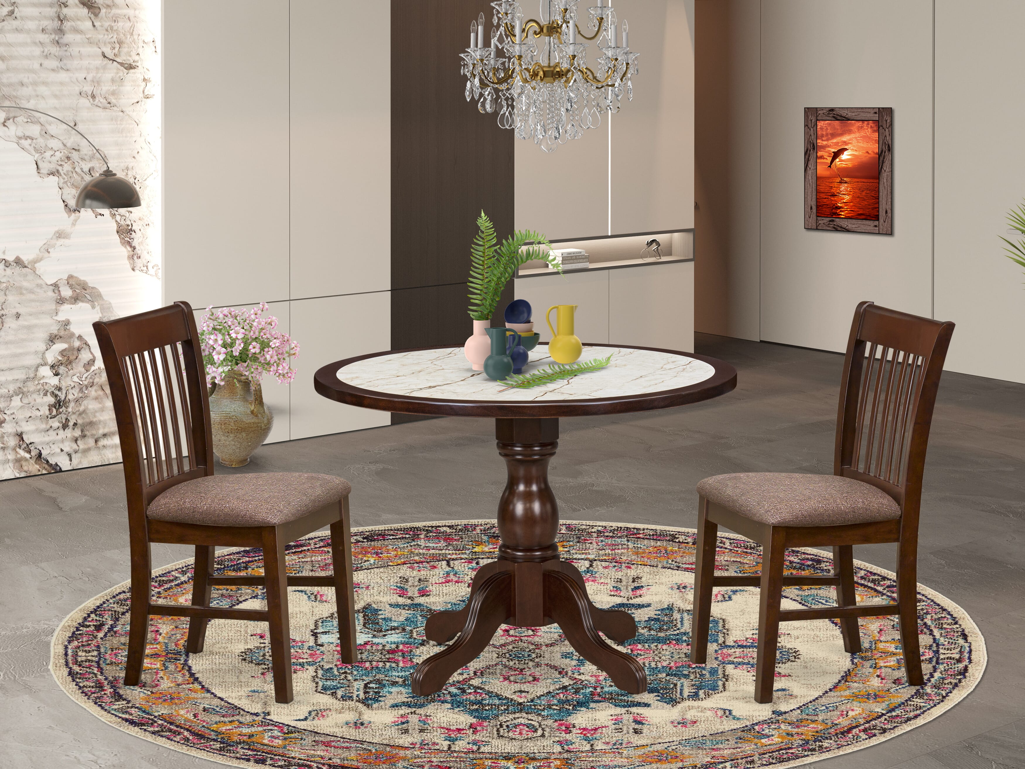 Luxe by East West Furniture 42NF3-307-C 3-Piece Dining Set Consists a round pedestal table and 2 Slatted Back Parsons chairs, Mahogany finish.