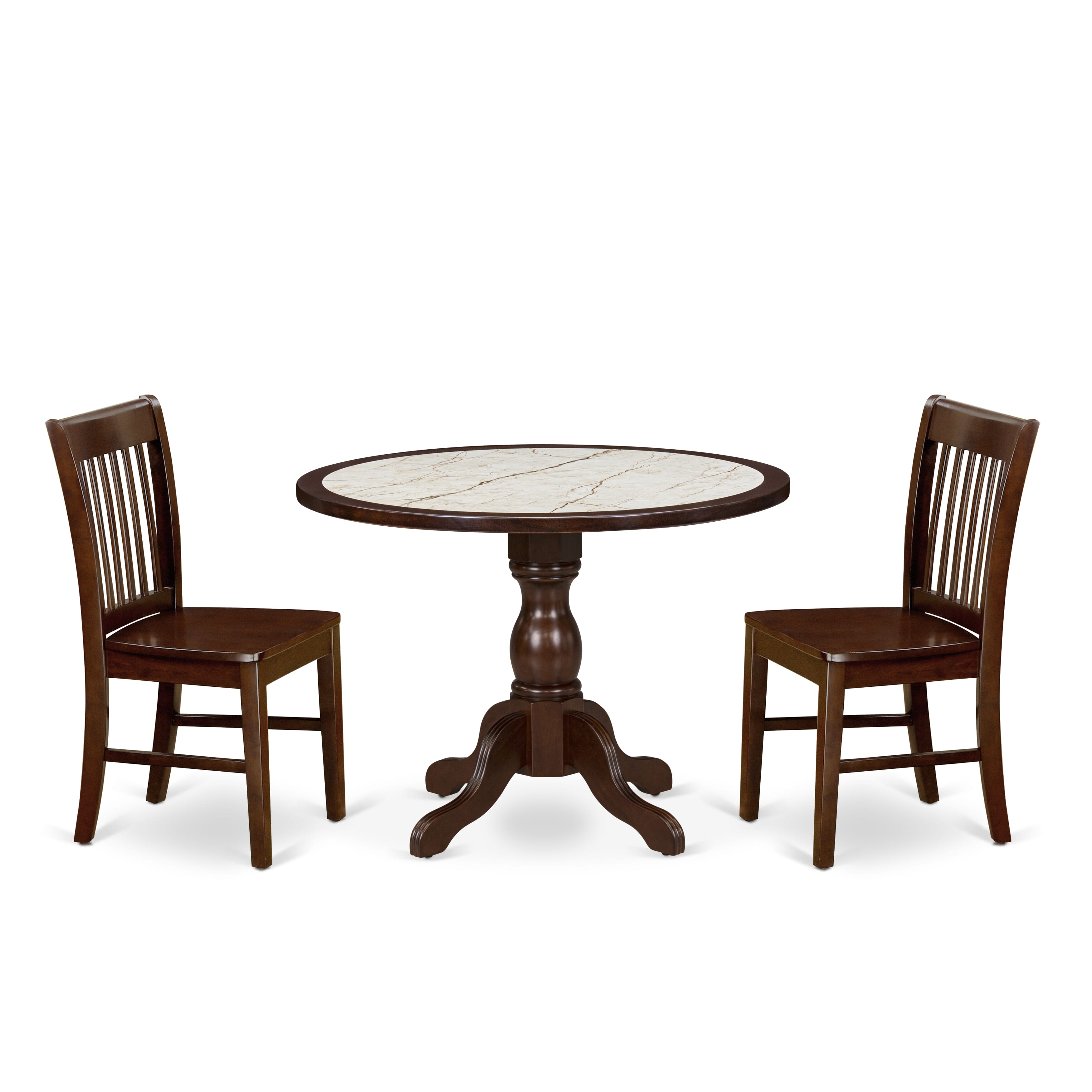 Luxe by East West Furniture 42NF3-307-W 3-piece kitchen set Consists a round pedestal dining table and 2 Slatted Back kitchen chairs, Mahogany finish.