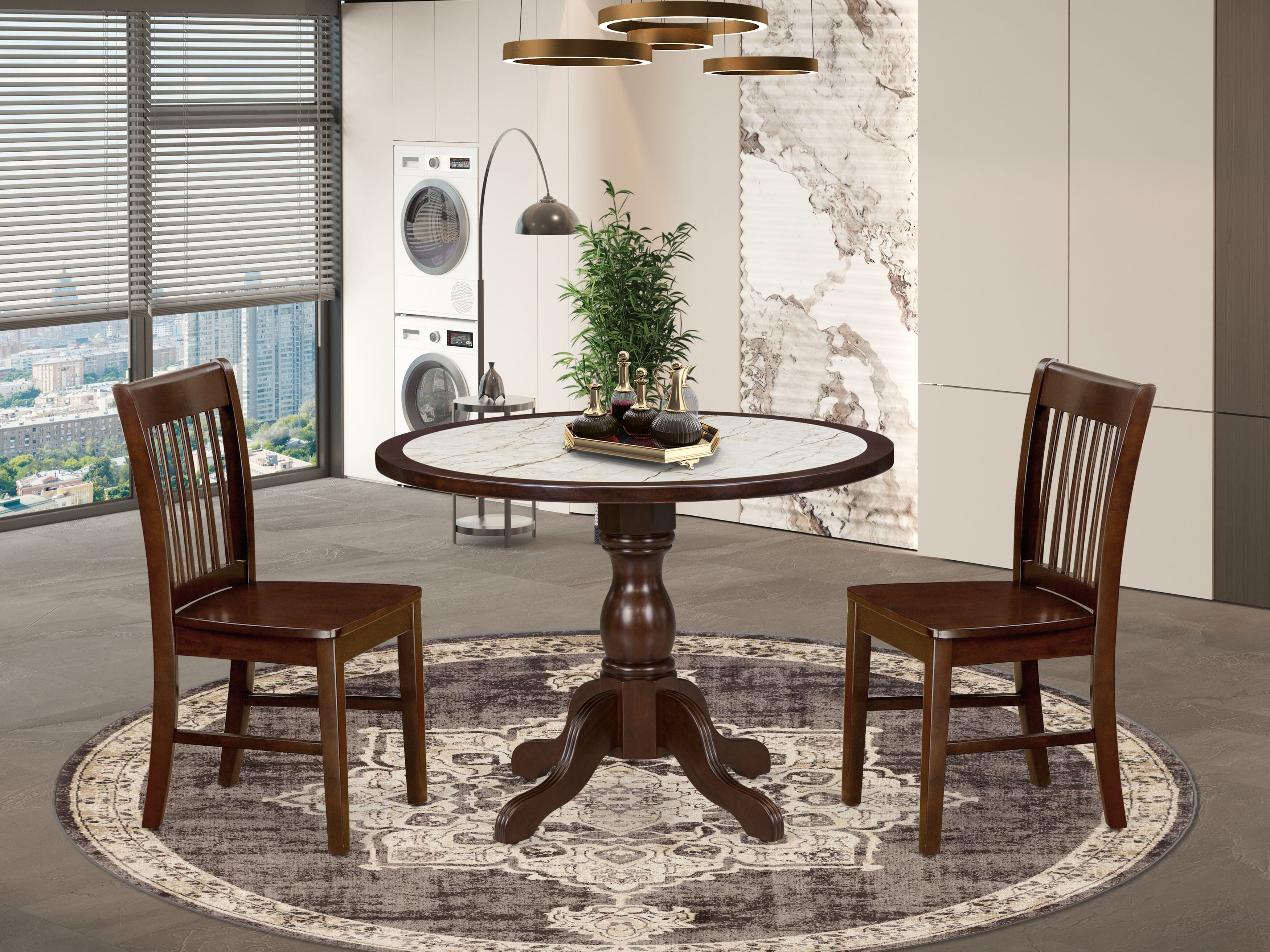 Luxe by East West Furniture 42NF3-307-W 3-piece kitchen set Consists a round pedestal dining table and 2 Slatted Back kitchen chairs, Mahogany finish.