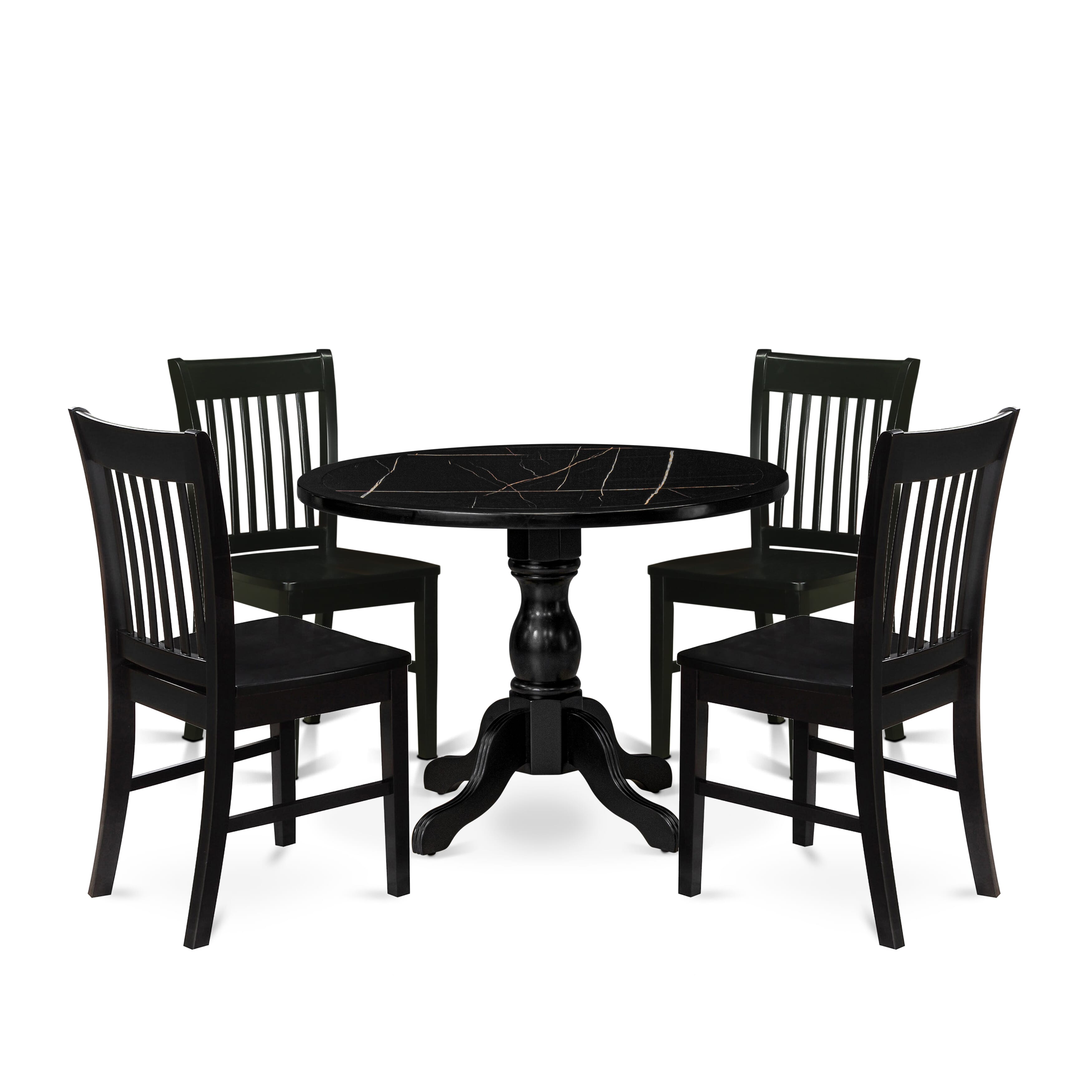Luxe by East West Furniture 42NF5-103-W -5 pc Dining Table Set Includes a Round Table and 4 Wooden Mid Century Dining Chair with Slatted Back - Wire brushed Black