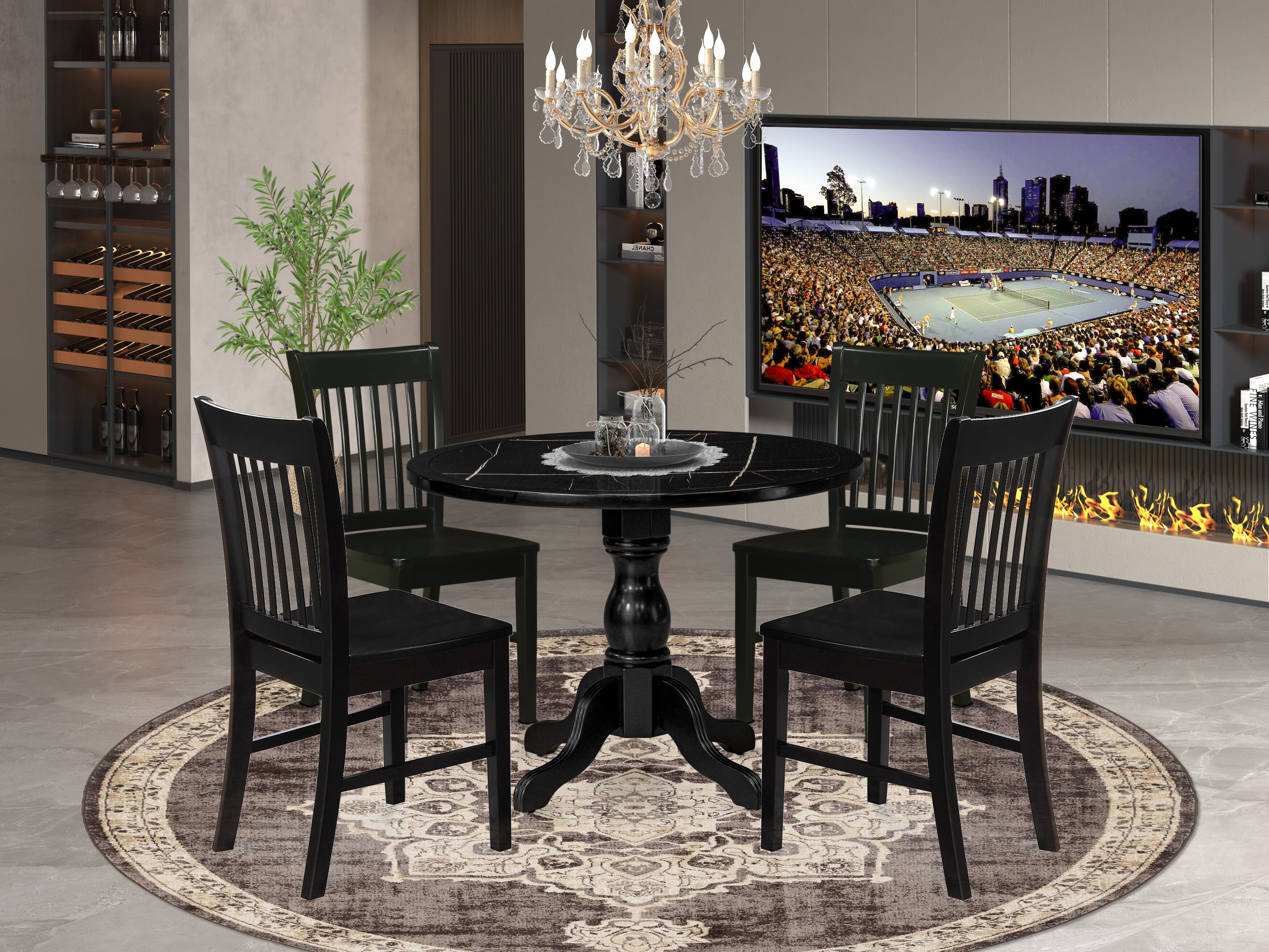 Luxe by East West Furniture 42NF5-103-W -5 pc Dining Table Set Includes a Round Table and 4 Wooden Mid Century Dining Chair with Slatted Back - Wire brushed Black