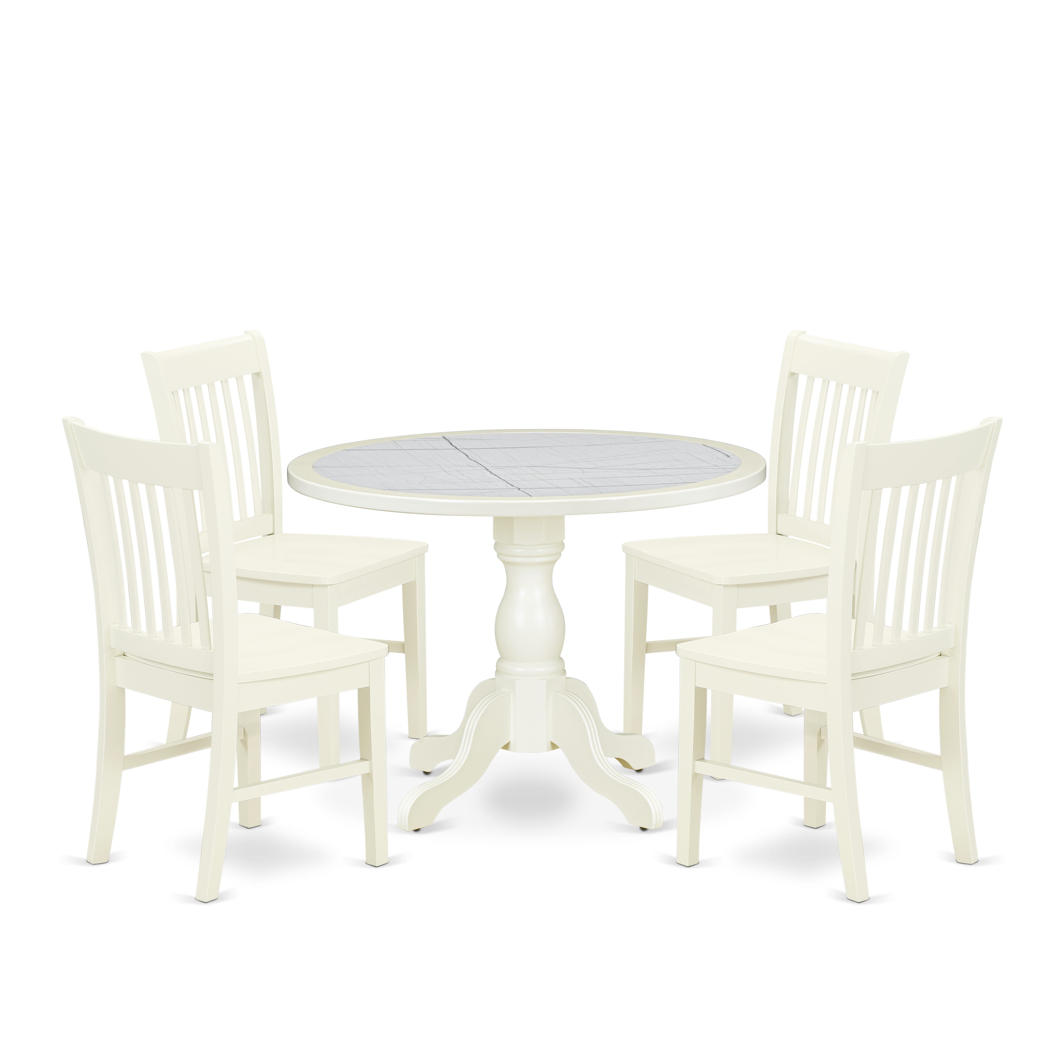 Luxe by East West Furniture 42NF5-208-W -5 pc Modern Dining Set consists of a Round Table and 4 Wooden Mid Century Dining Chairs with Slatted Back - Linen White