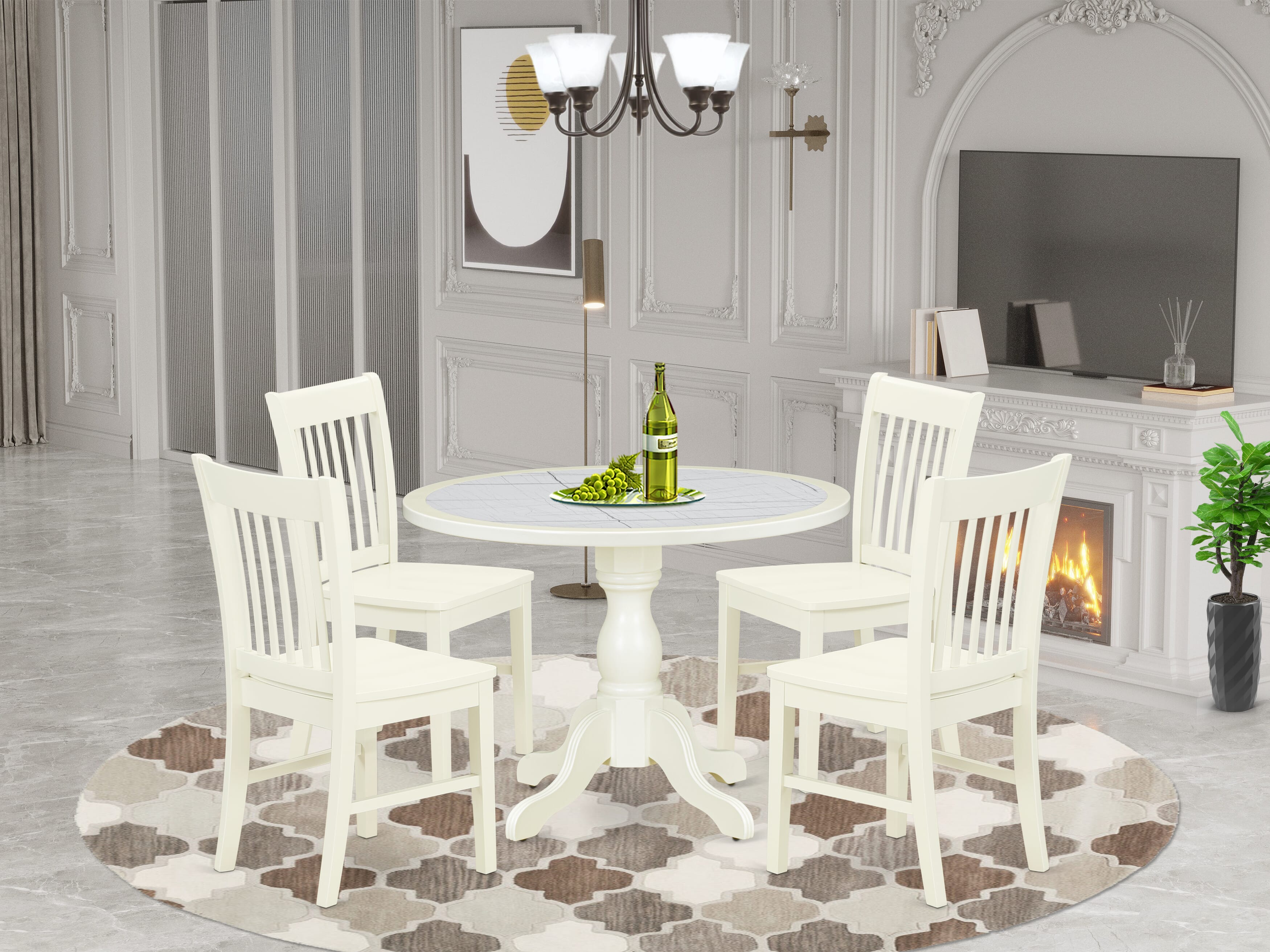 Luxe by East West Furniture 42NF5-208-W -5 pc Modern Dining Set consists of a Round Table and 4 Wooden Mid Century Dining Chairs with Slatted Back - Linen White