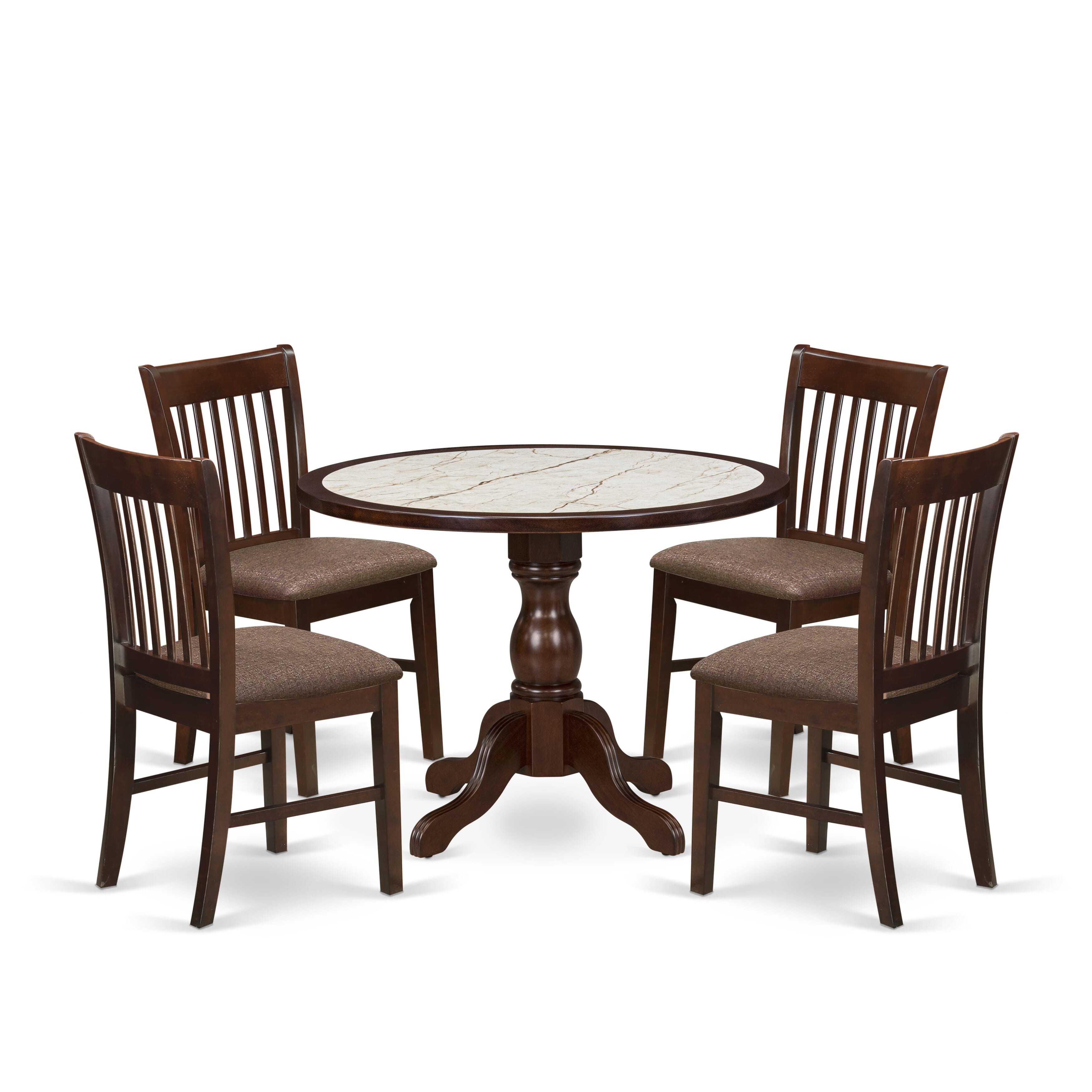 Luxe by East West Furniture 42NF5-307-C 5-piece dinner table set includes a pedestal dinner table and 4 Slatted Back Parsons chairs, Mahogany finish.